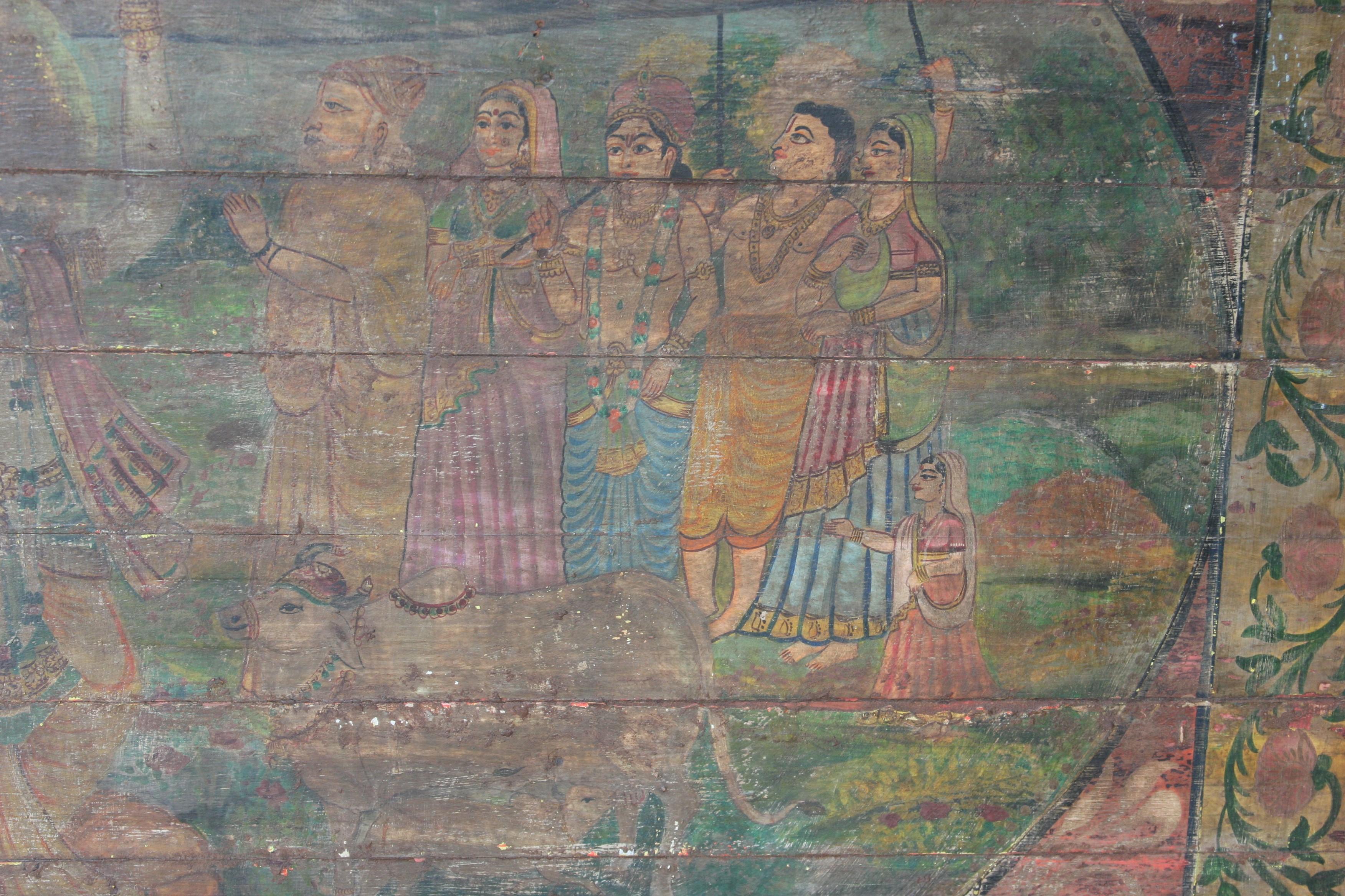 Teak Old Oil Painting on Wooden Board from a Village Temple in Western India For Sale