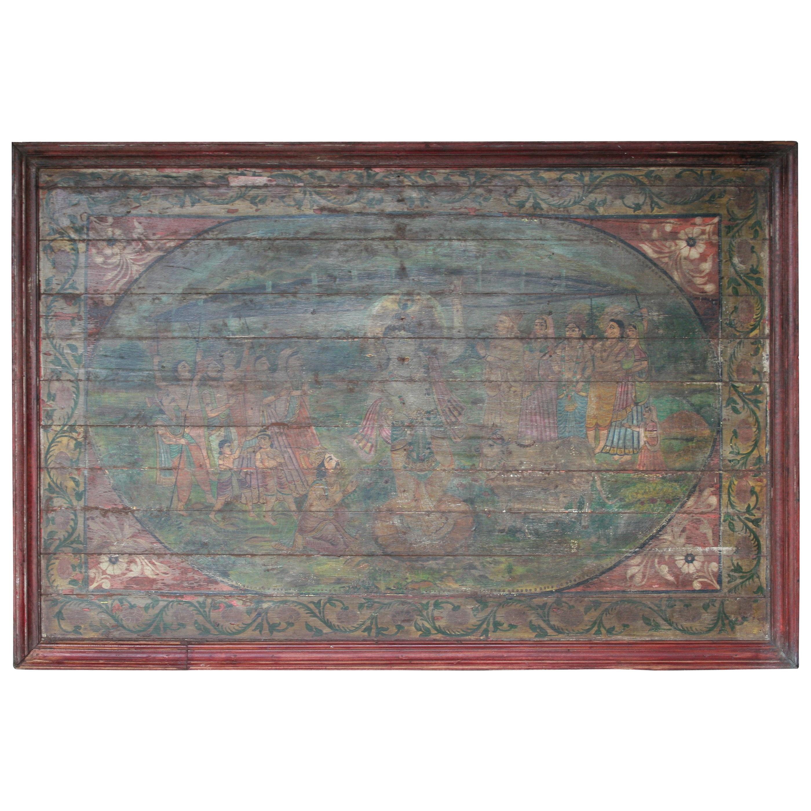 Old Oil Painting on Wooden Board from a Village Temple in Western India For Sale