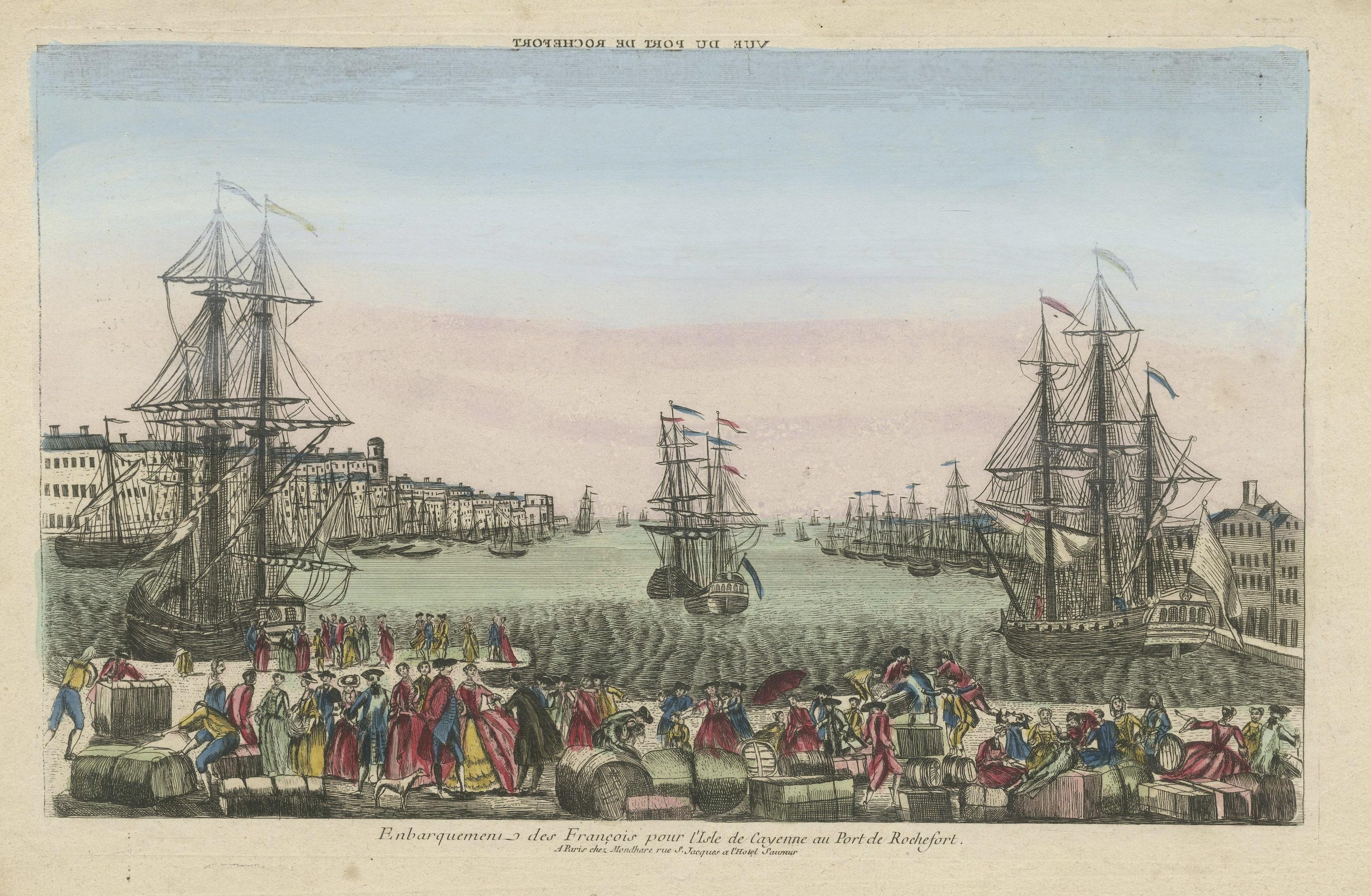 Antique print titled 'Enbarquement des Francois pour l'Isle de Cayenne au Port de Rochefort'. Hand coloured optical view of French boarding for the Cayenne Isle Port of Rochefort, as seen from the quay. In the front of the picture the bourgeoisie