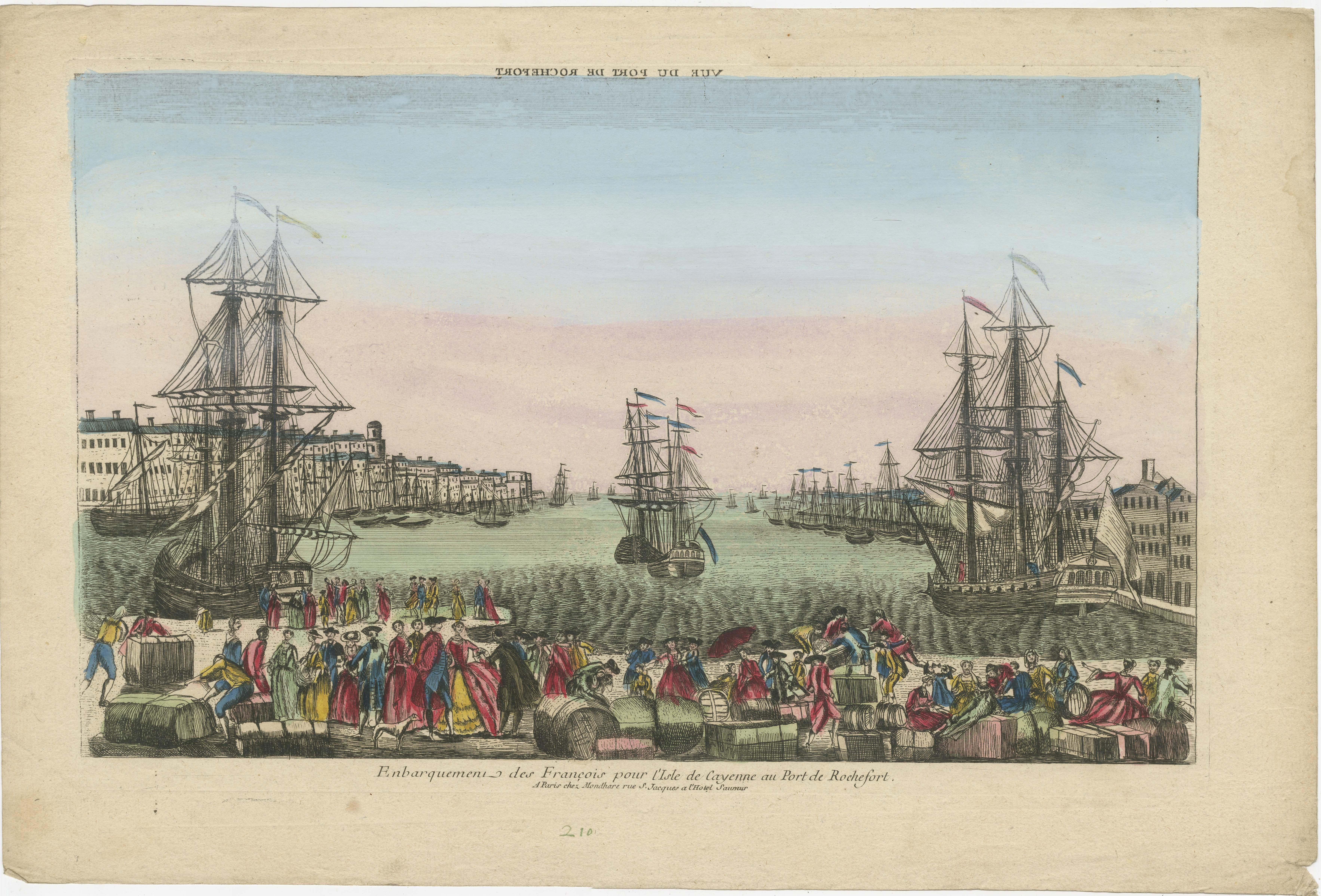 18th Century Old Optical View of French Boarding for the Cayenne Isle Port of Rochefort For Sale