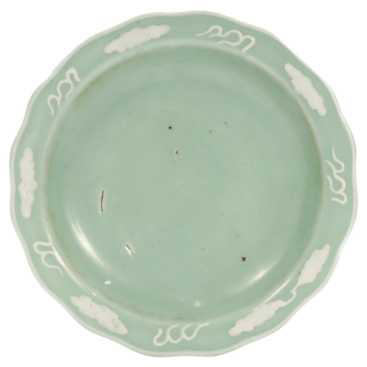 Old or Antique Celadon Chinese Porcelain Low Bowl with Clouds