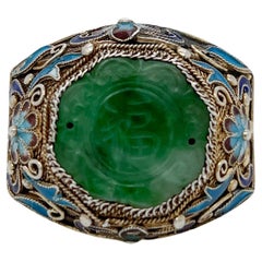 Old or Vintage Chinese 14K Gold, Filigree Silver, Enamel, & Jade Signet Ring