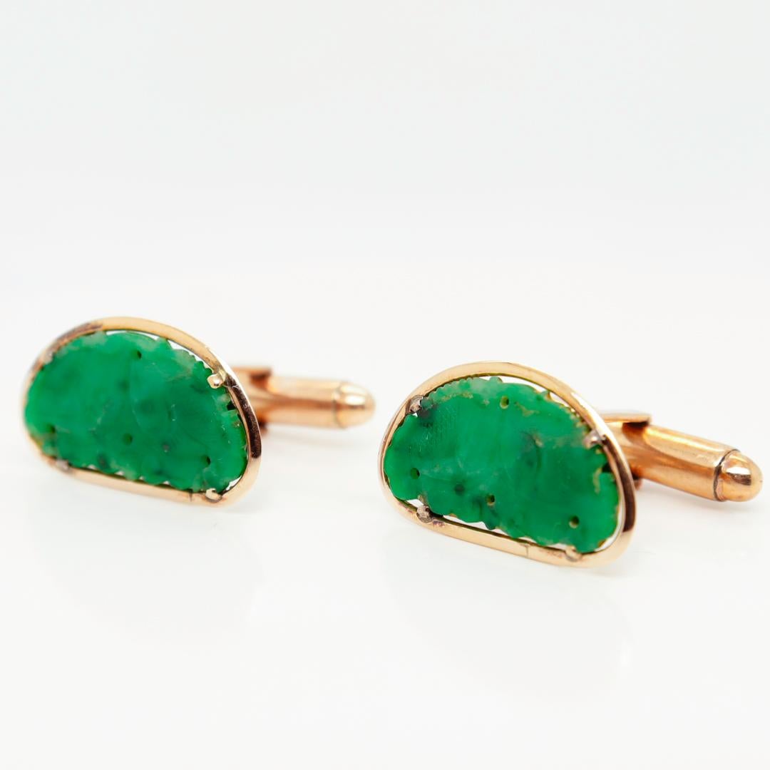 Cabochon Old or Antique Chinese 14k Gold & Jade Cufflinks For Sale