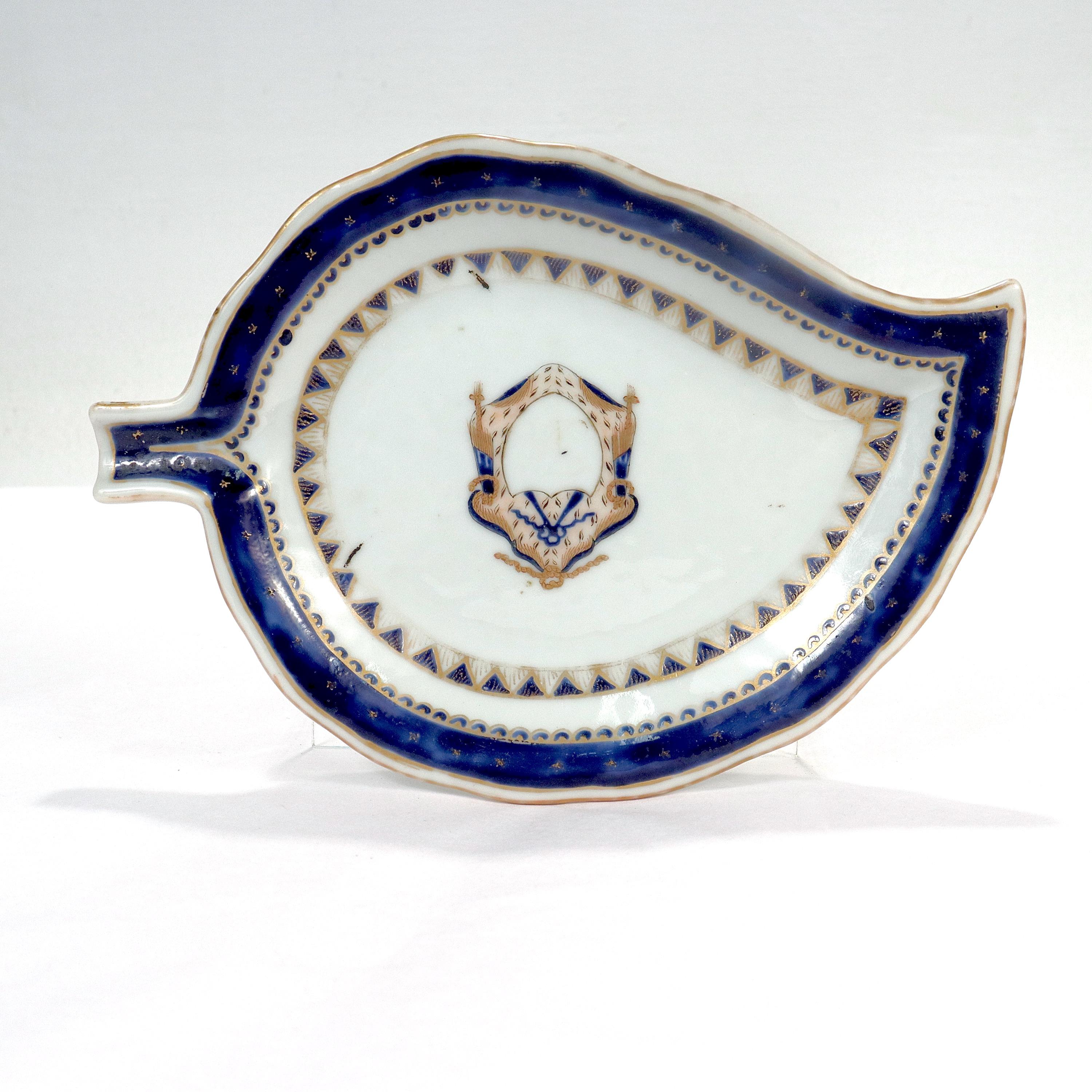 Old or Antique Chinese Export Porcelain Armorial Tobacco Leaf Form Dish / Plate In Good Condition For Sale In Philadelphia, PA
