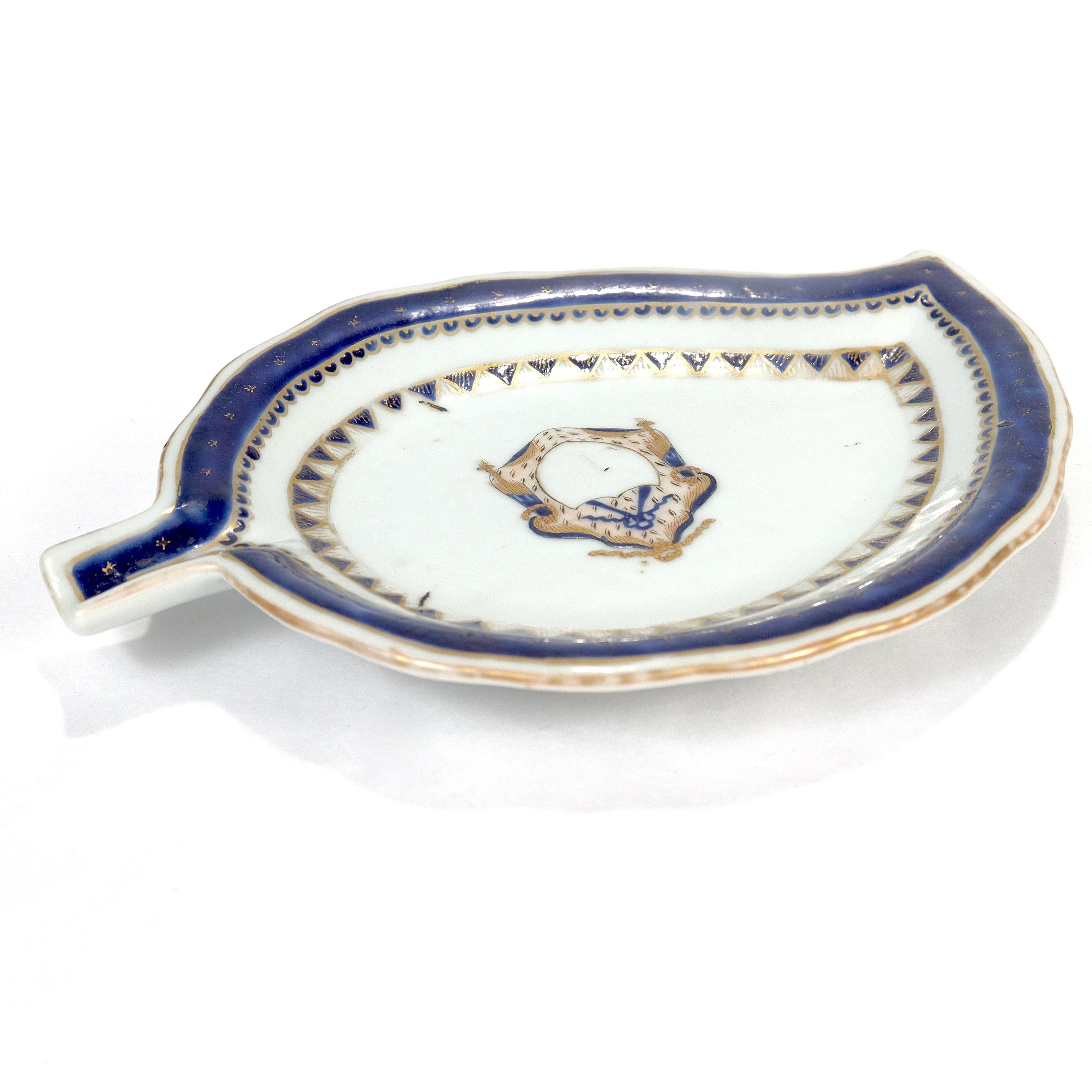 20th Century Old or Antique Chinese Export Porcelain Armorial Tobacco Leaf Form Dish / Plate For Sale