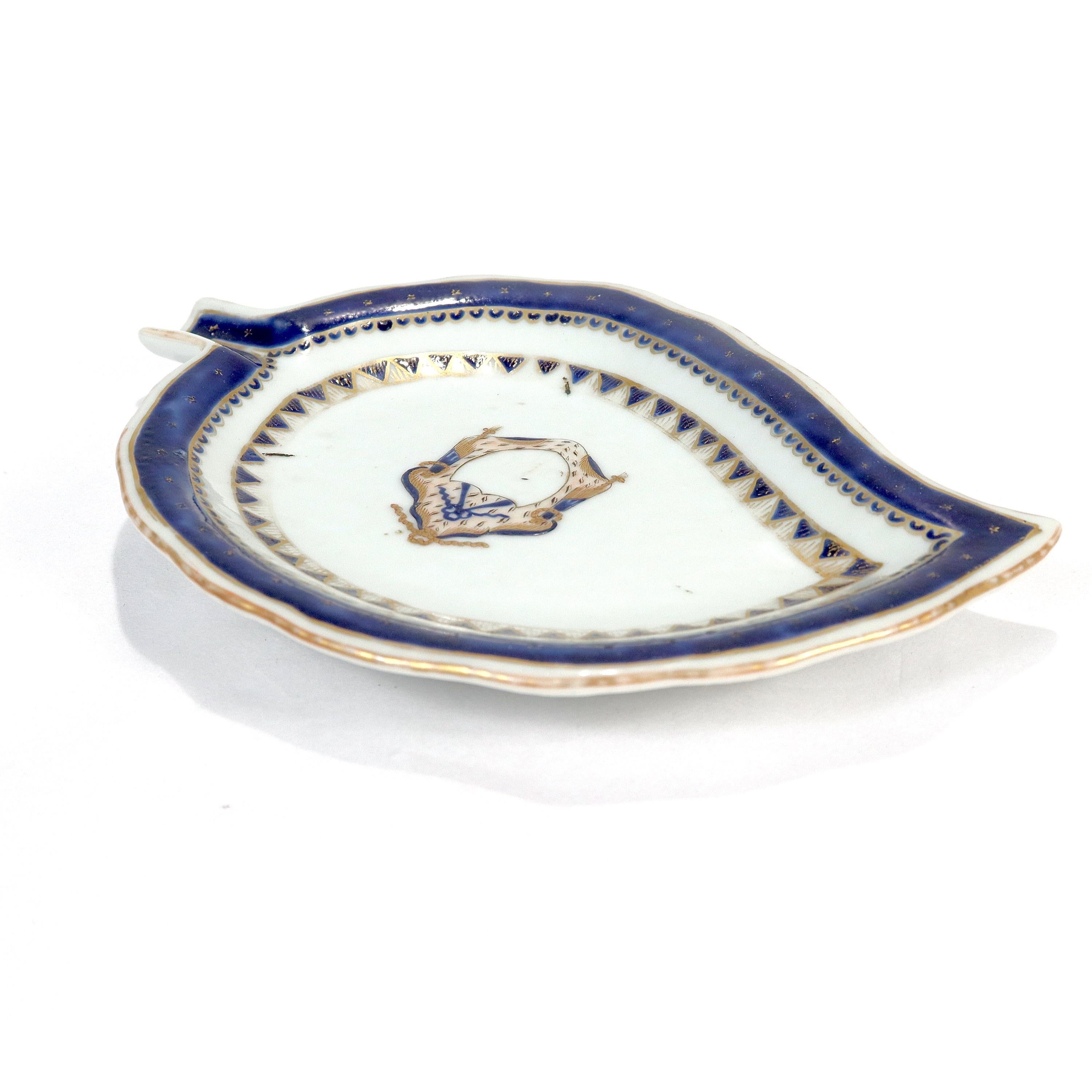 20th Century Old or Antique Chinese Export Porcelain Armorial Tobacco Leaf Form Dish / Plate For Sale