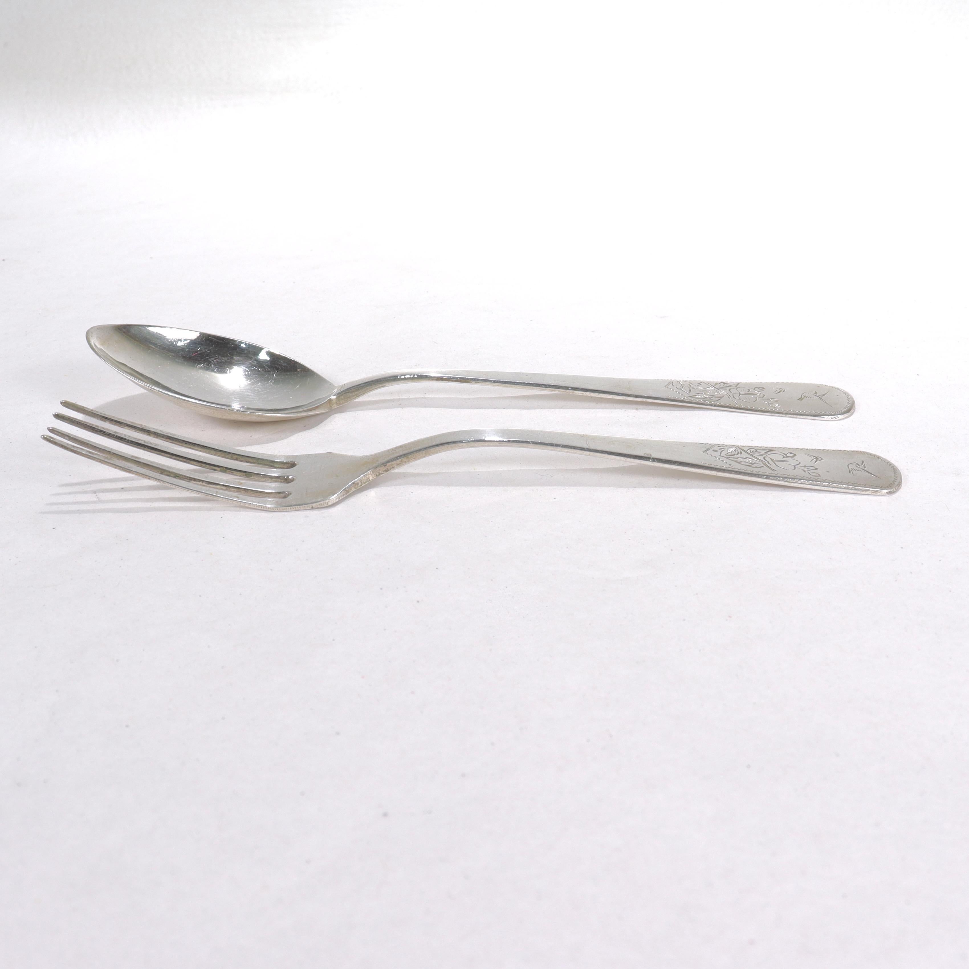 British Colonial Old or Antique Chinese Export Silver Fork & Spoon For Sale