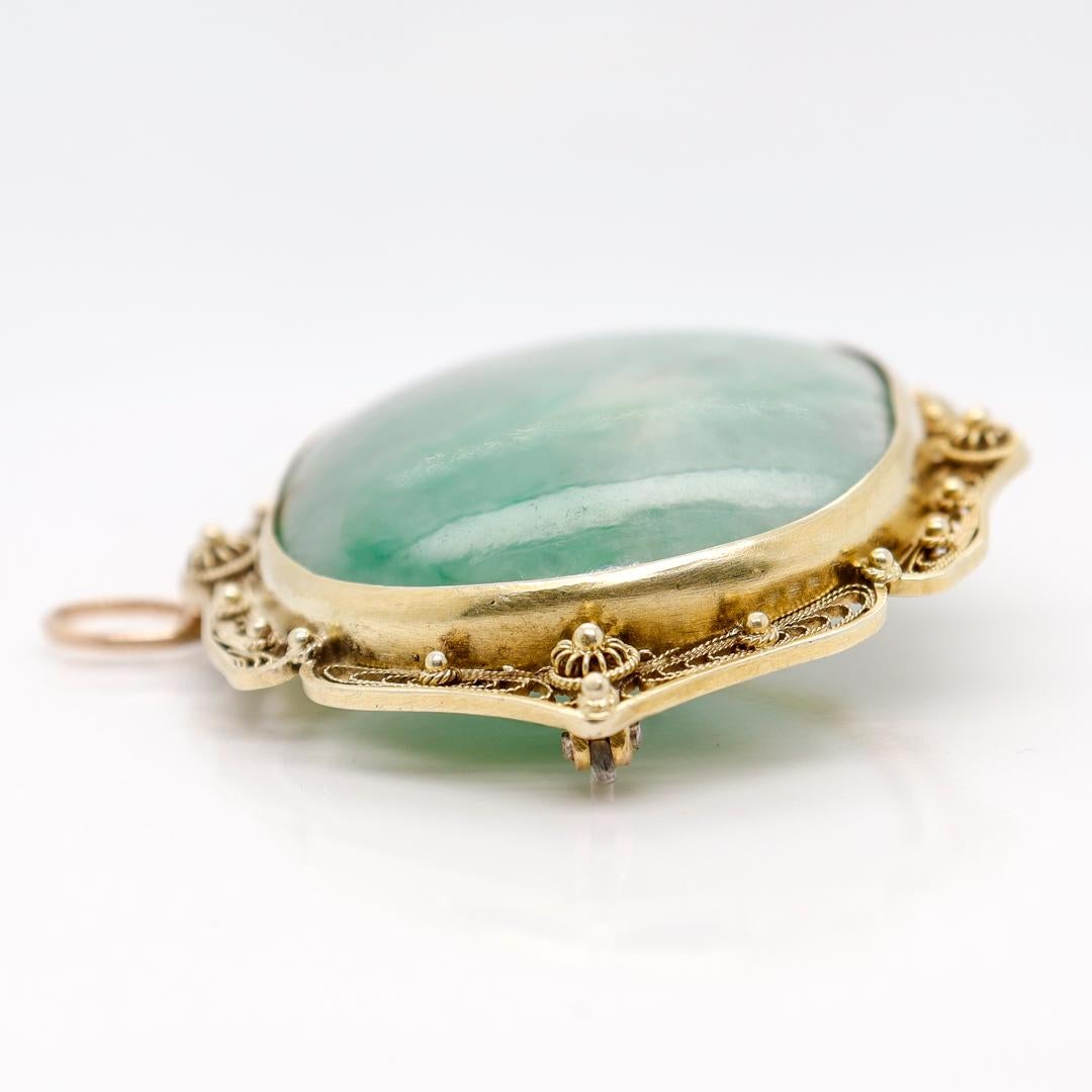 Cabochon Old or Antique Chinese Gold Filigree & Green Moss in Snow Jade Brooch / Pendant