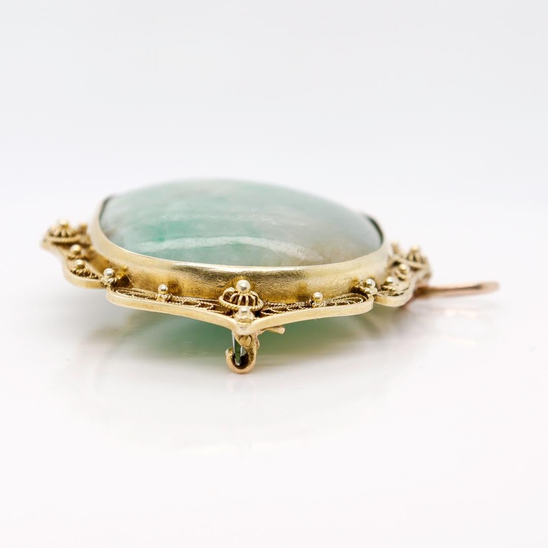 Old or Antique Chinese Gold Filigree & Green Moss in Snow Jade Brooch / Pendant In Good Condition In Philadelphia, PA