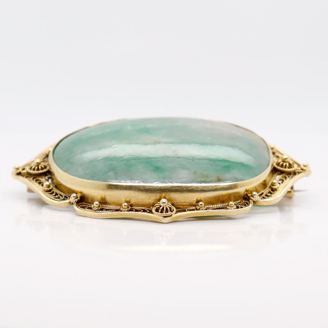 Women's or Men's Old or Antique Chinese Gold Filigree & Green Moss in Snow Jade Brooch / Pendant