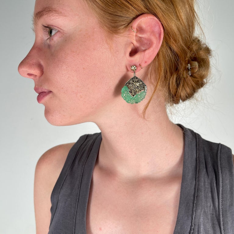 Old or Antique Chinese Jade and Filigree Silver Earrings For Sale at