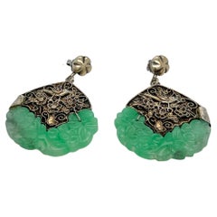 Old or Antique Chinese Jade & Filigree Silver Earrings