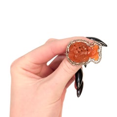 Old or Antique Chinese Solid Silver & Carved Carnelian Bird Brooch