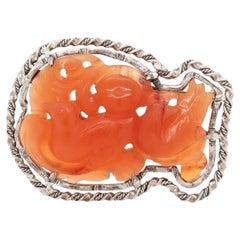 Old or Antique Chinese Solid Silver 
Carved Carnelian Bird Brooch