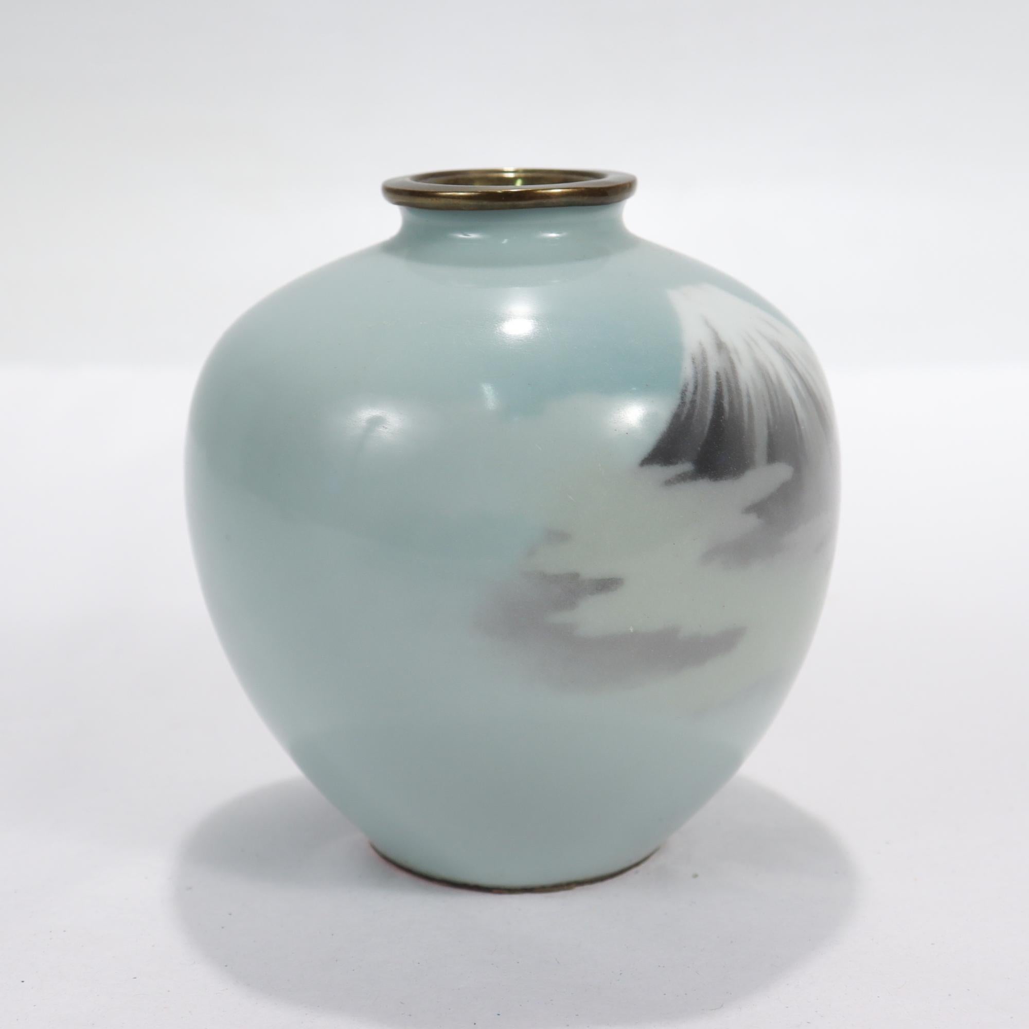 Cloissoné Old or Antique Diminutive Japanese Wireless Cloisonne Enamel Vase of Mt Fuji For Sale