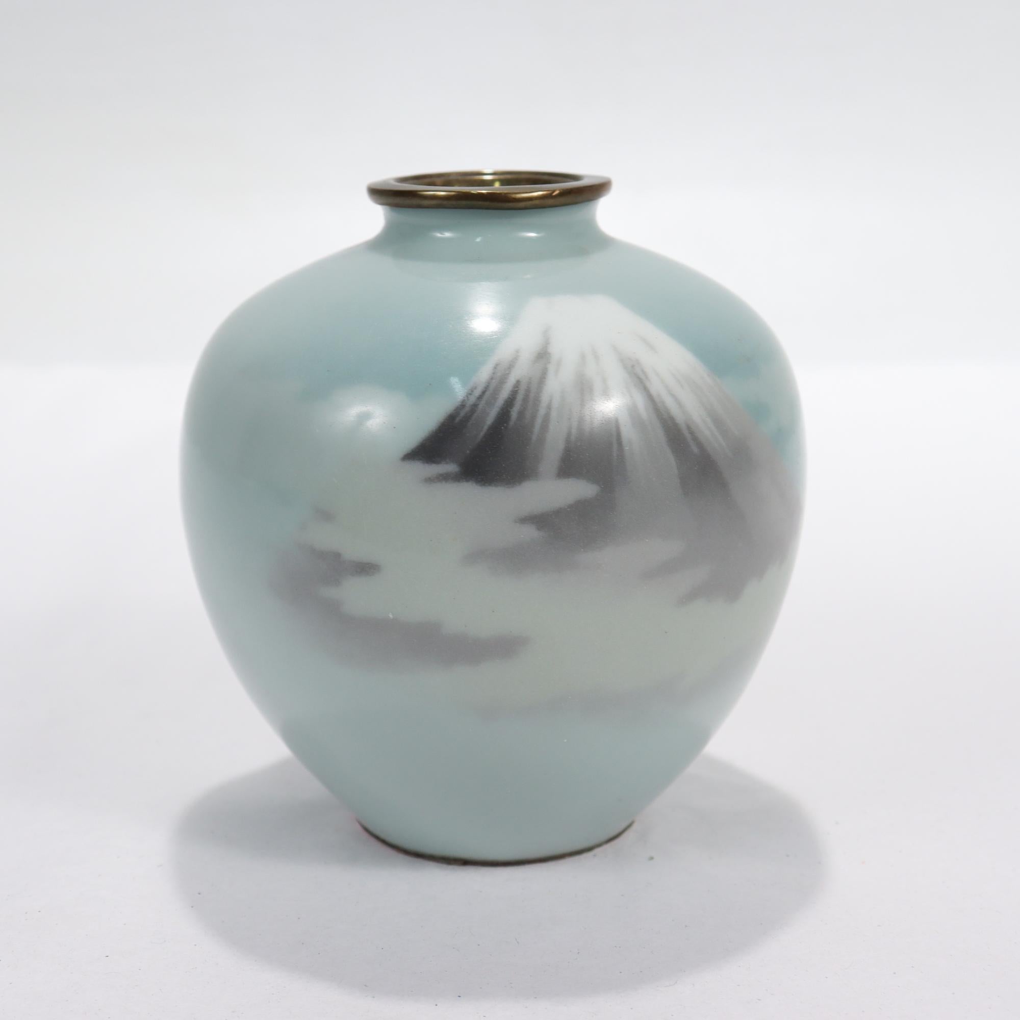 Meiji Old or Antique Diminutive Japanese Wireless Cloisonne Enamel Vase of Mt Fuji For Sale