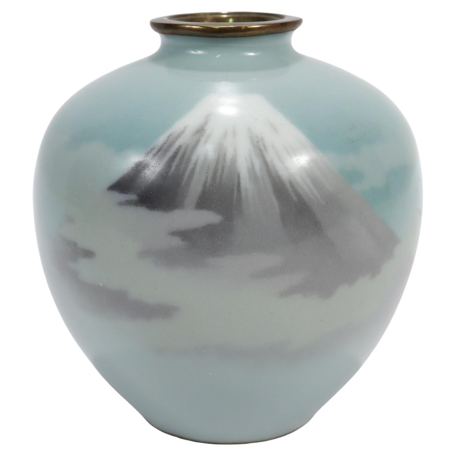 Old or Antique Diminutive Japanese Wireless Cloisonne Enamel Vase of Mt Fuji For Sale