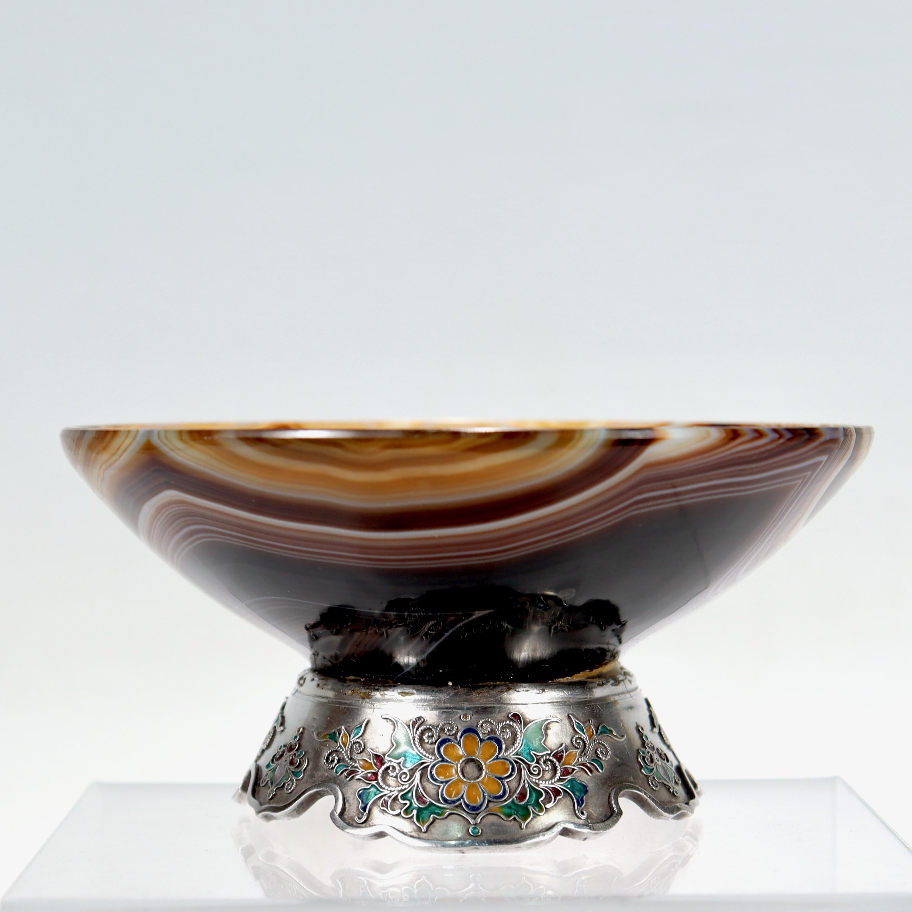 Round Cut Old or Antique Enameled Austrian Silver & Agate Bowl For Sale