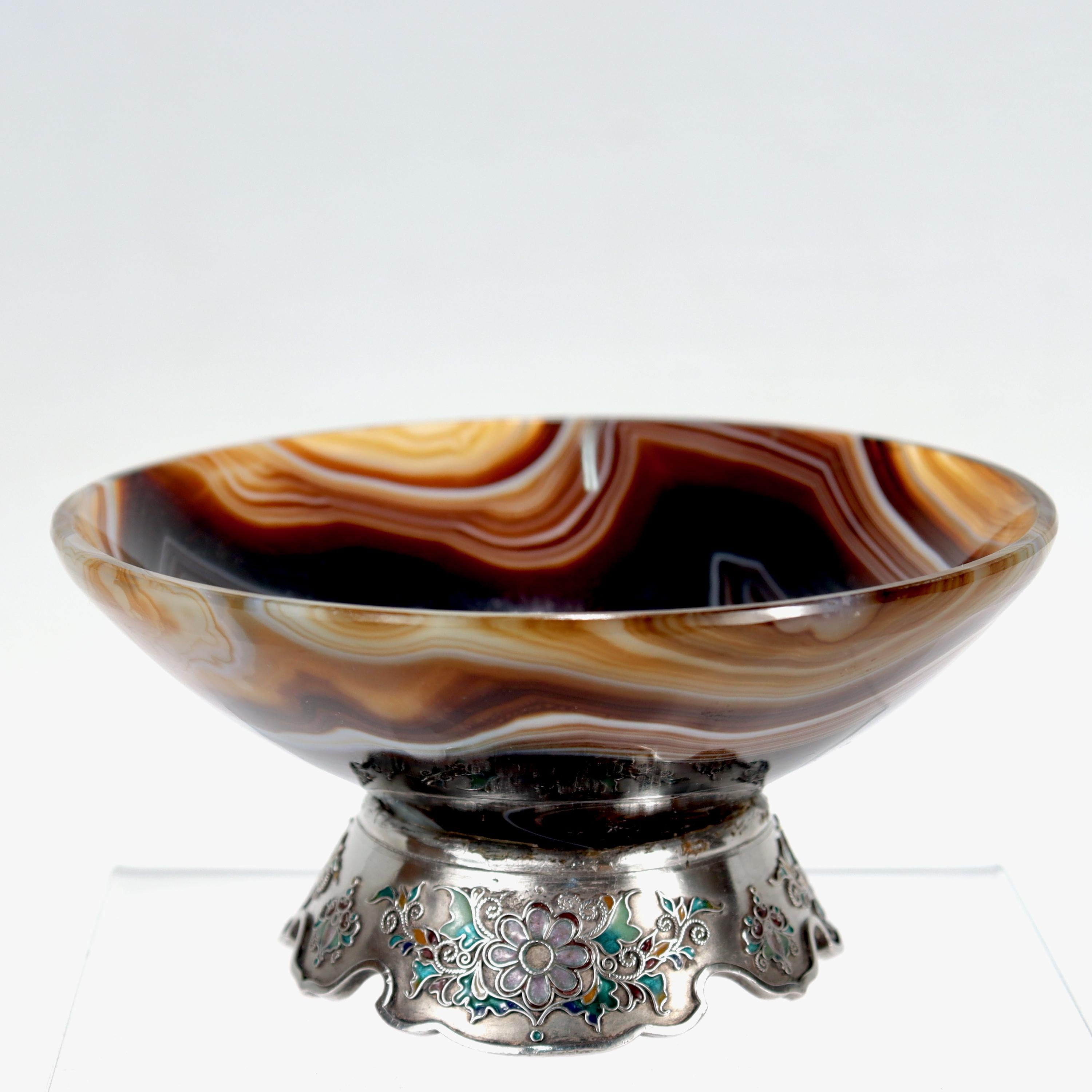 Old or Antique Enameled Austrian Silver & Agate Bowl In Good Condition For Sale In Philadelphia, PA