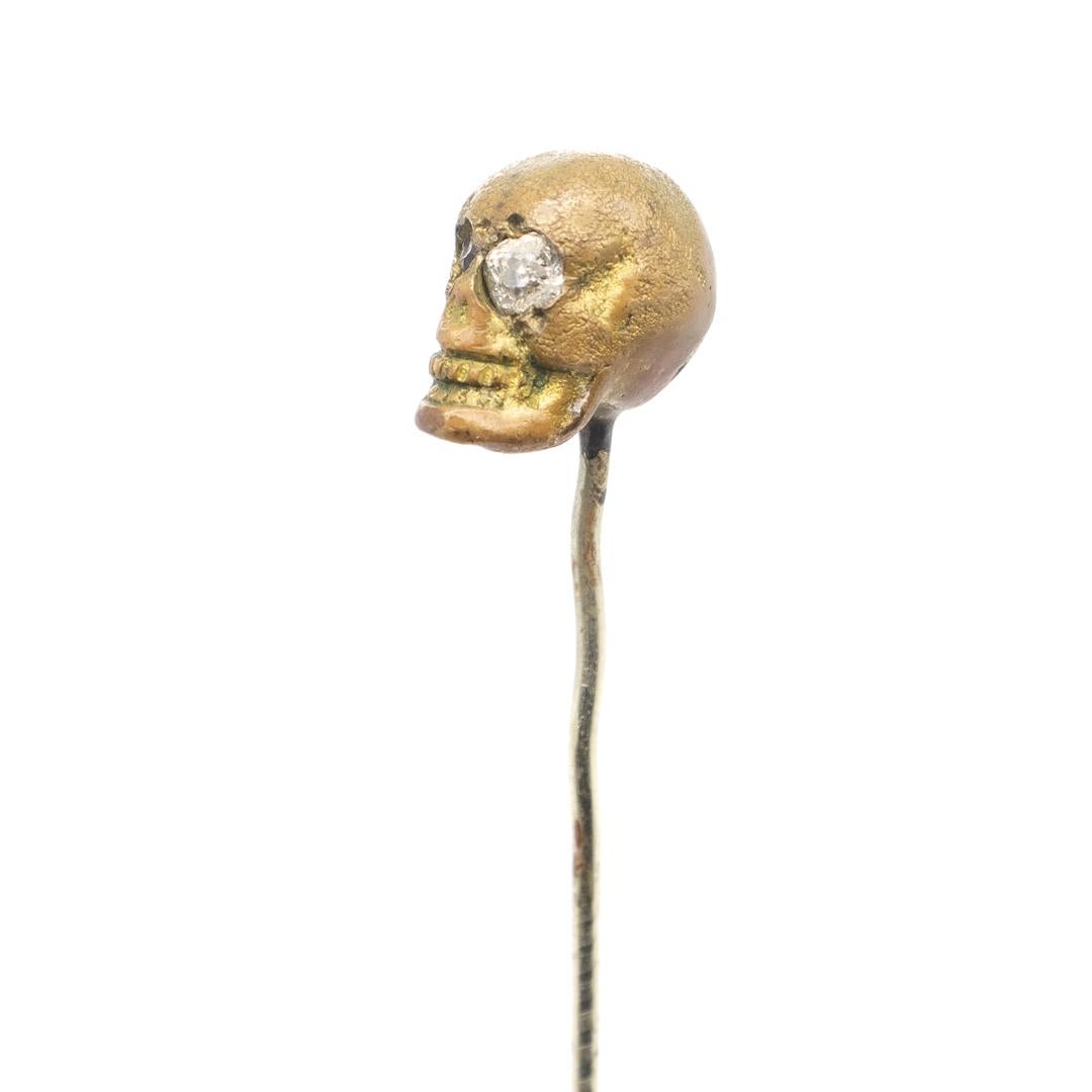 Old or Antique Estate Bronze Skull Memento Mori Stick Pin with Glass Eyes For Sale 2