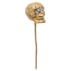 Old or Antique Estate Bronze Skull Memento Mori Stick Pin with Glass Eyes