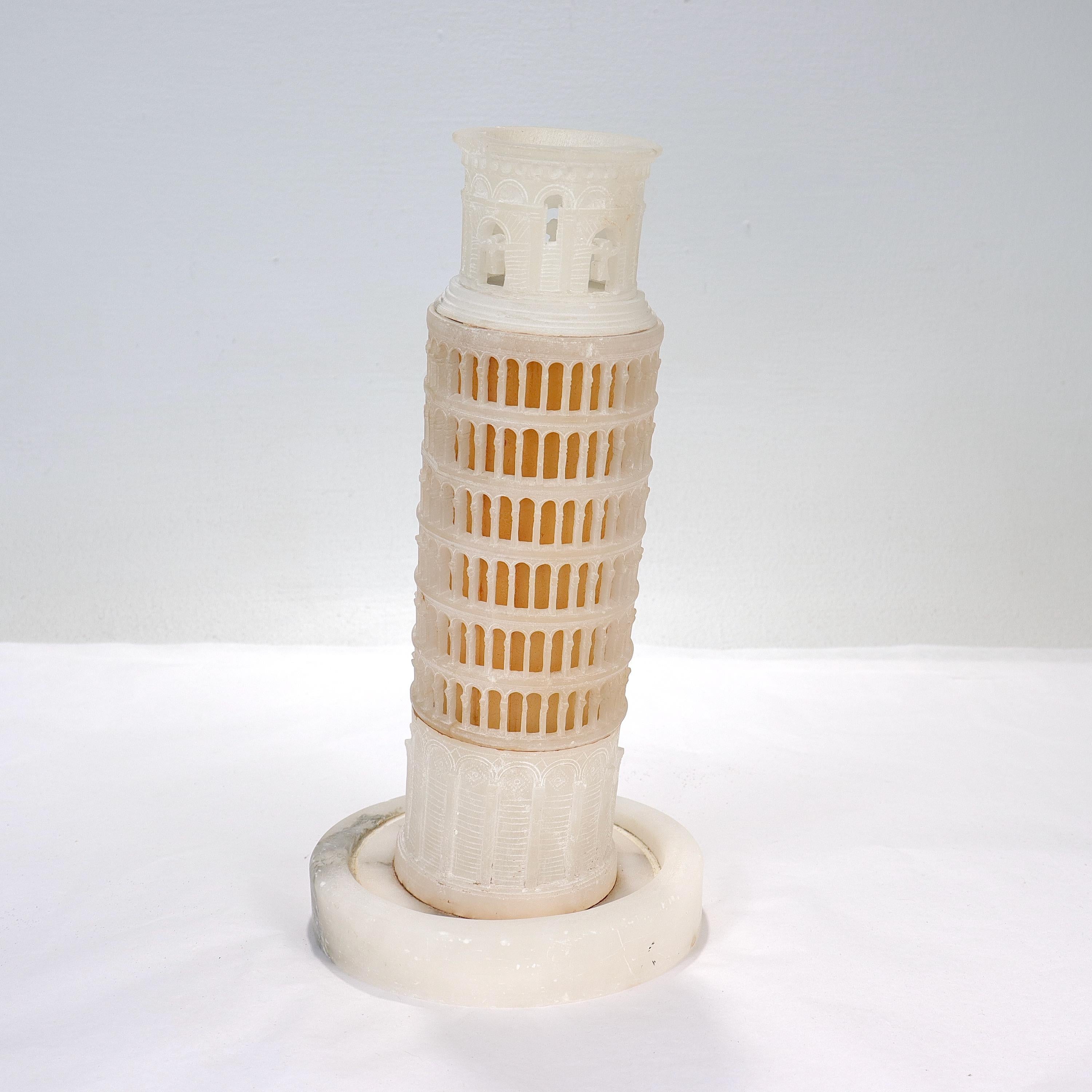 Hand-Carved Old or Antique Grand Tour Style Alabaster Leaning Tower of Pisa Sculpture