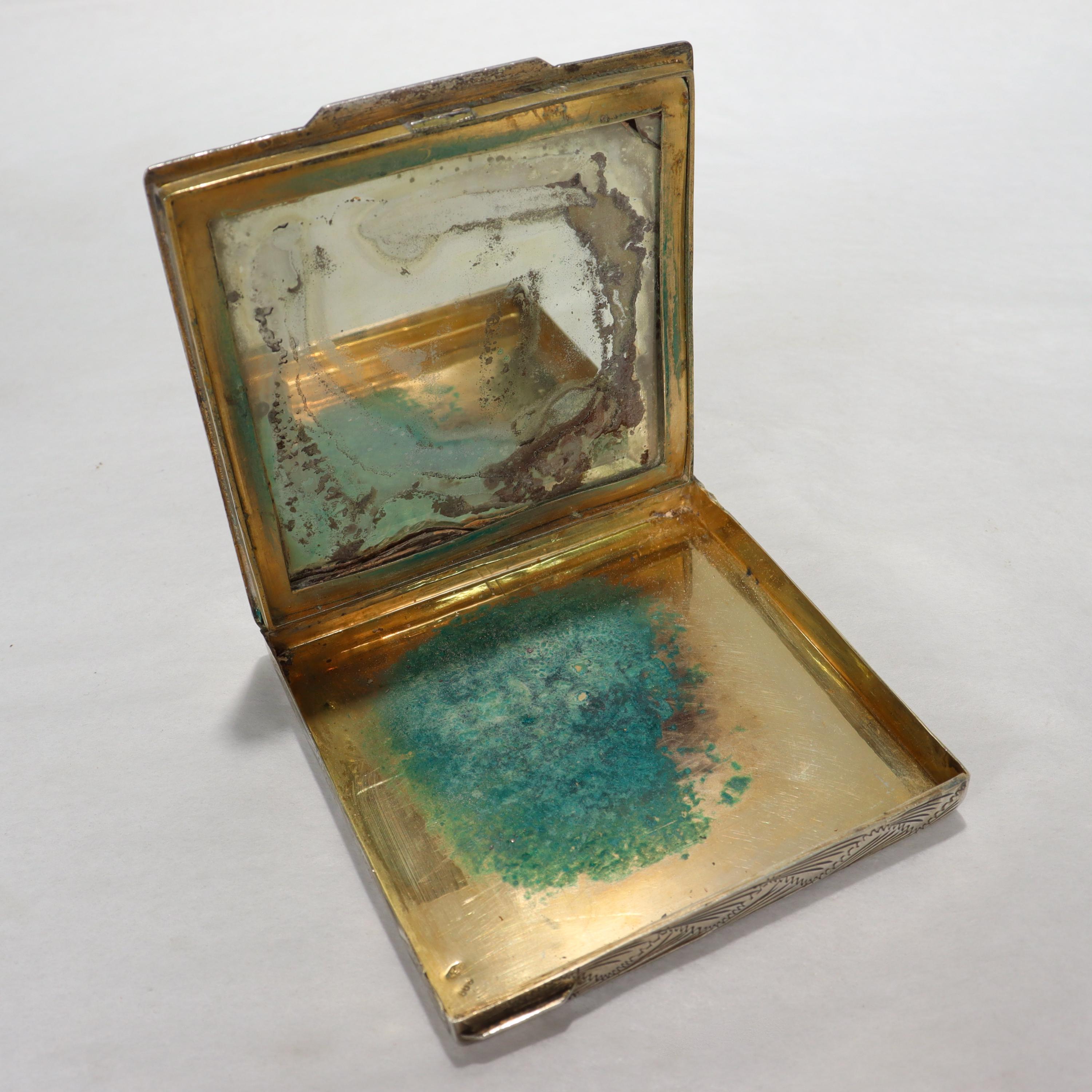 Old or Antique Italian Silver & Enamel Compact with its Original Box For Sale 7