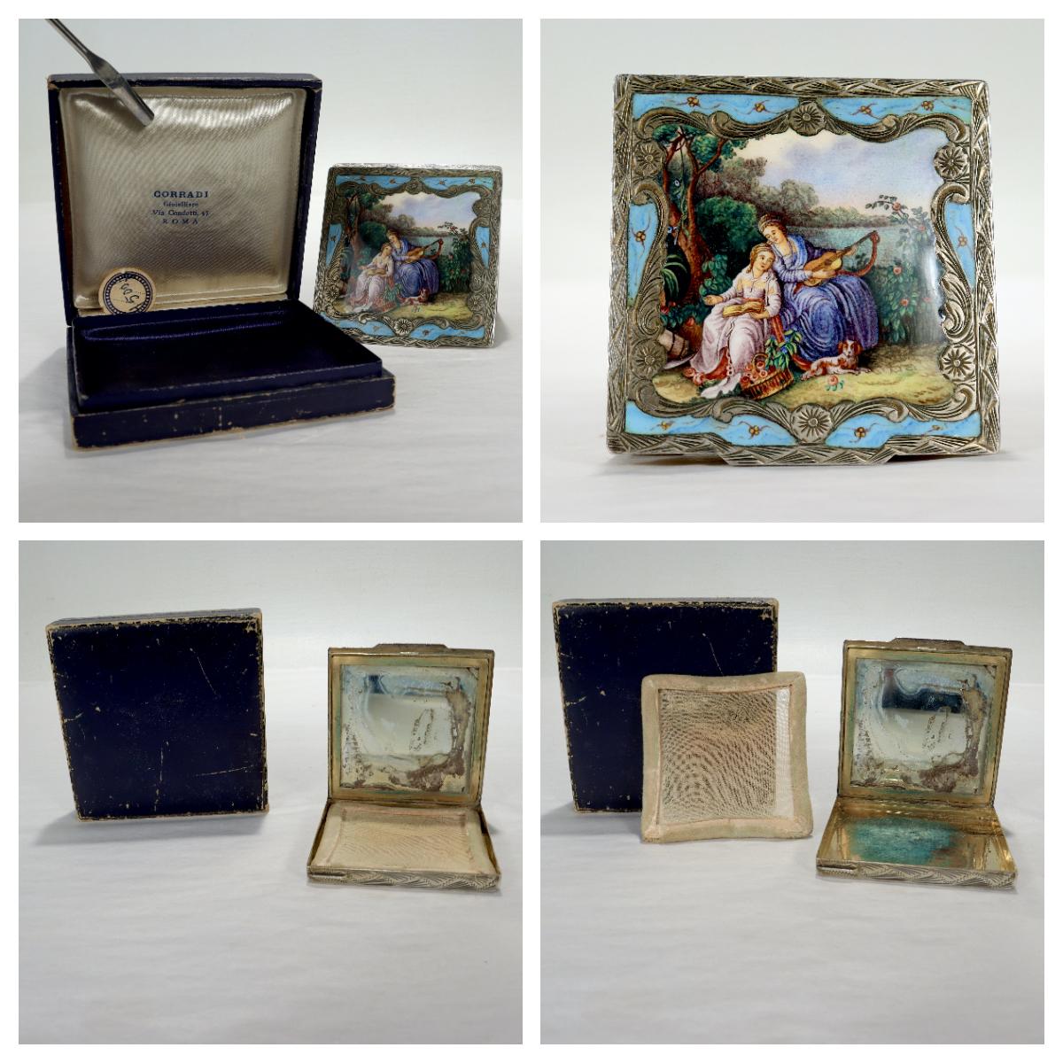 Old or Antique Italian Silver & Enamel Compact with its Original Box For Sale 9