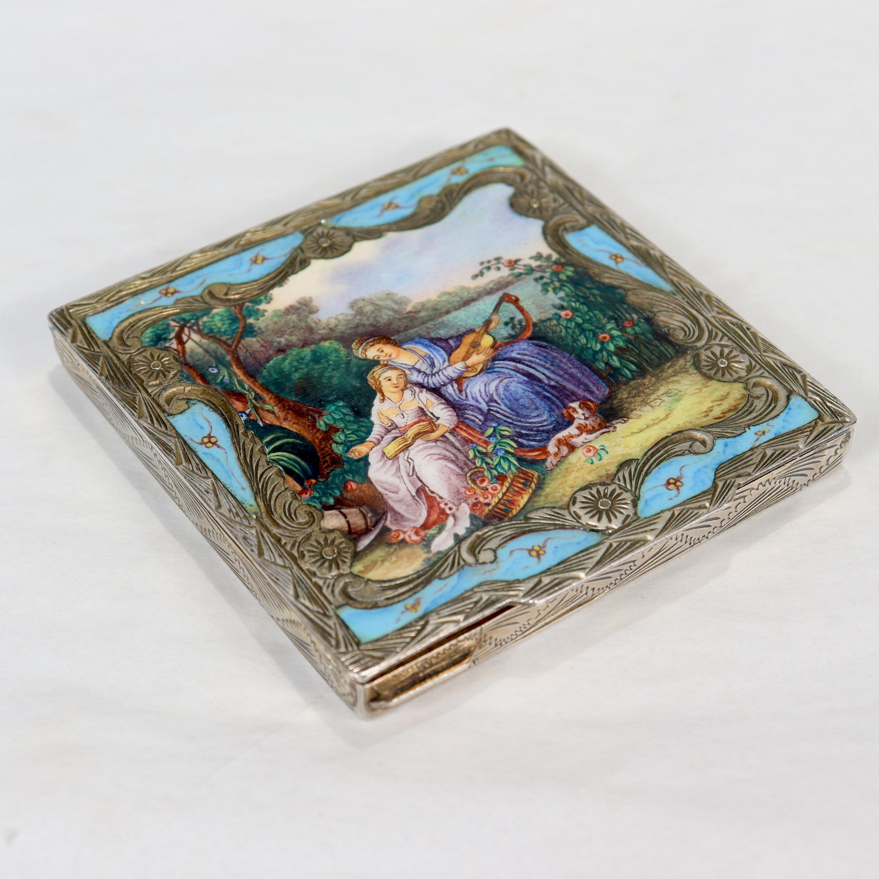 Renaissance Revival Old or Antique Italian Silver & Enamel Compact with its Original Box For Sale