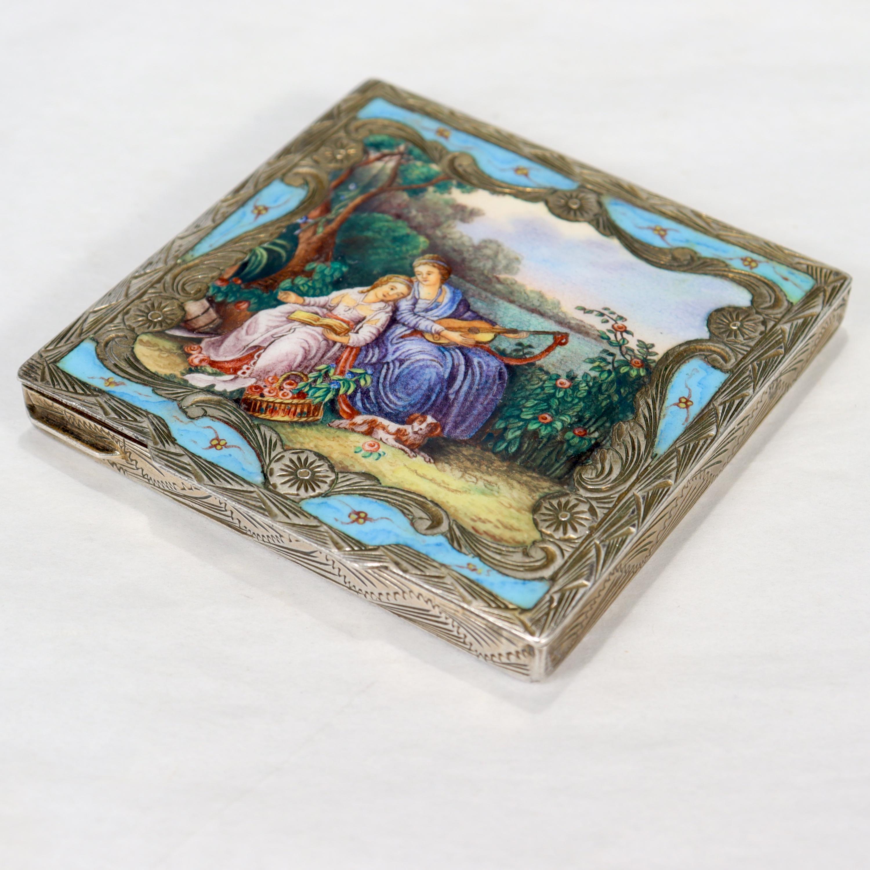 Women's or Men's Old or Antique Italian Silver & Enamel Compact with its Original Box For Sale