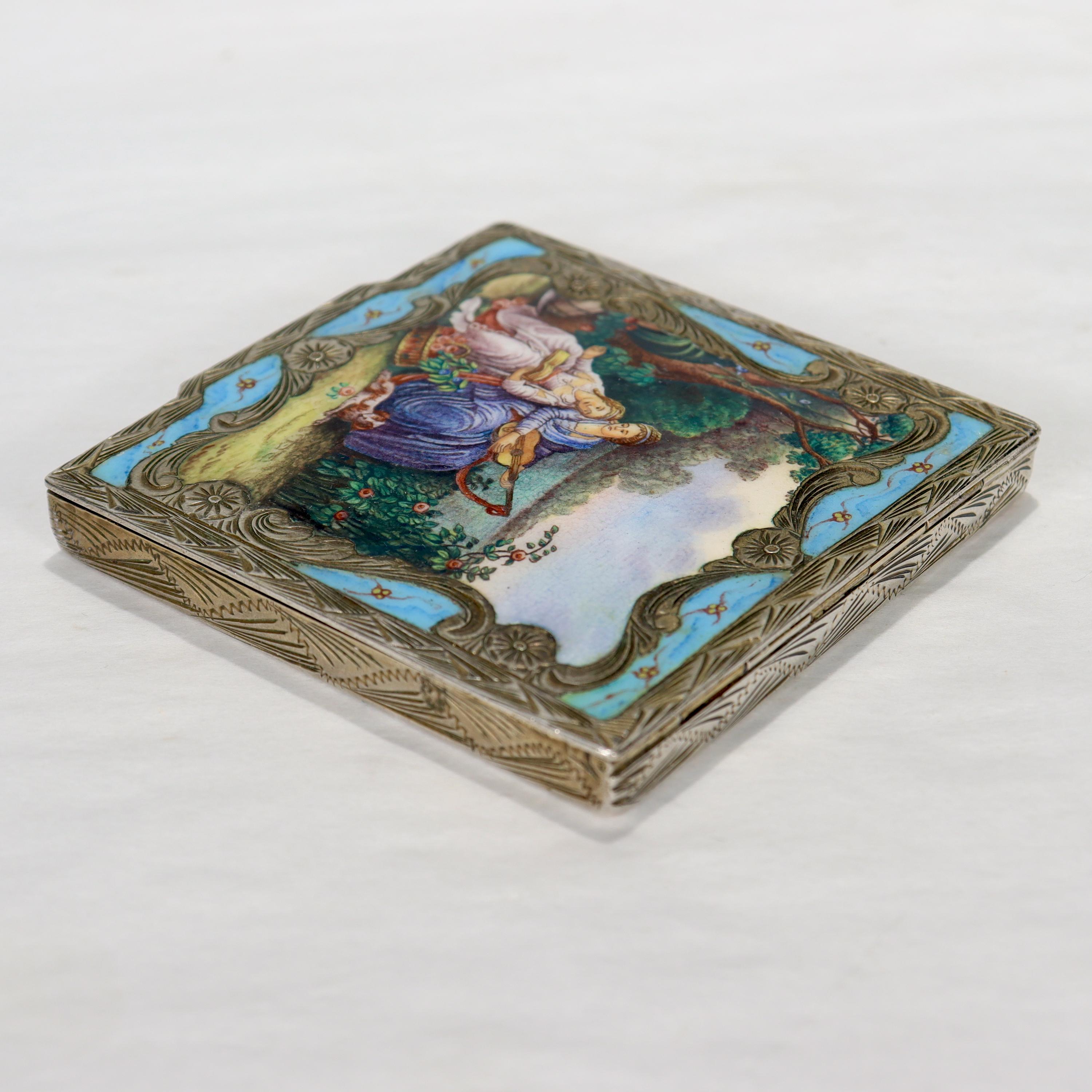 Old or Antique Italian Silver & Enamel Compact with its Original Box 1