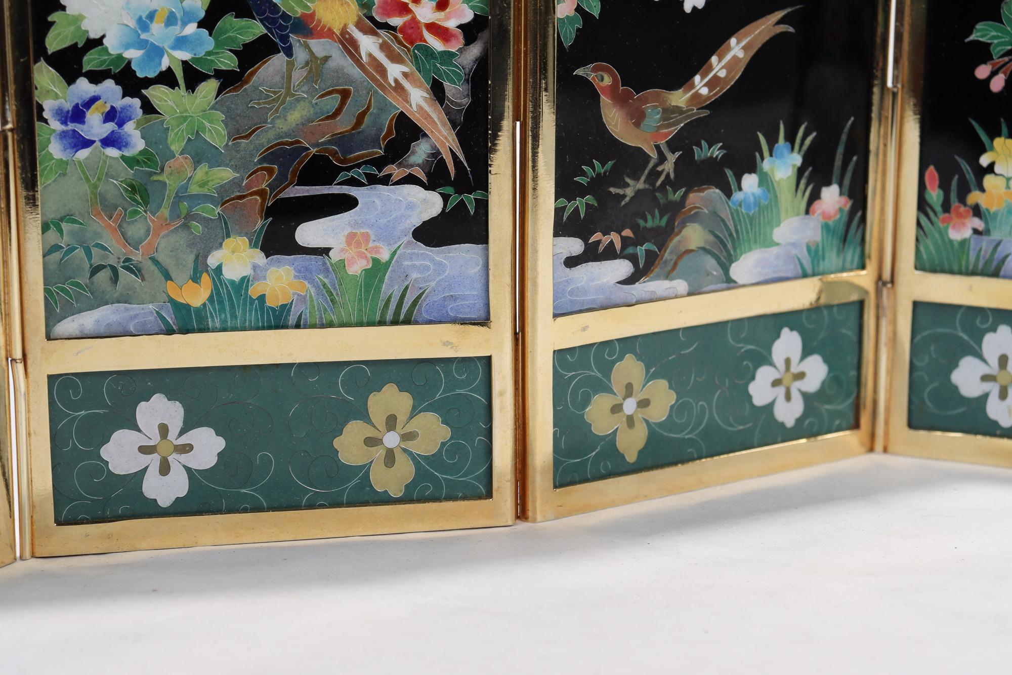 Old or Antique Japanese Inaba Cloisonne Table Screen with Birds & Flowers 4