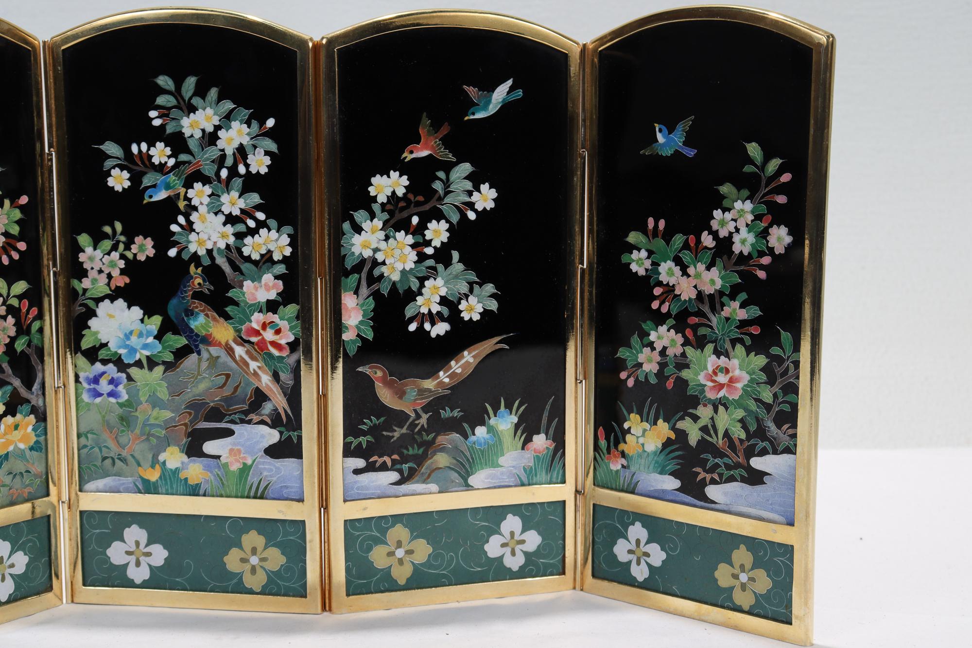 Meiji Old or Antique Japanese Inaba Cloisonne Table Screen with Birds & Flowers