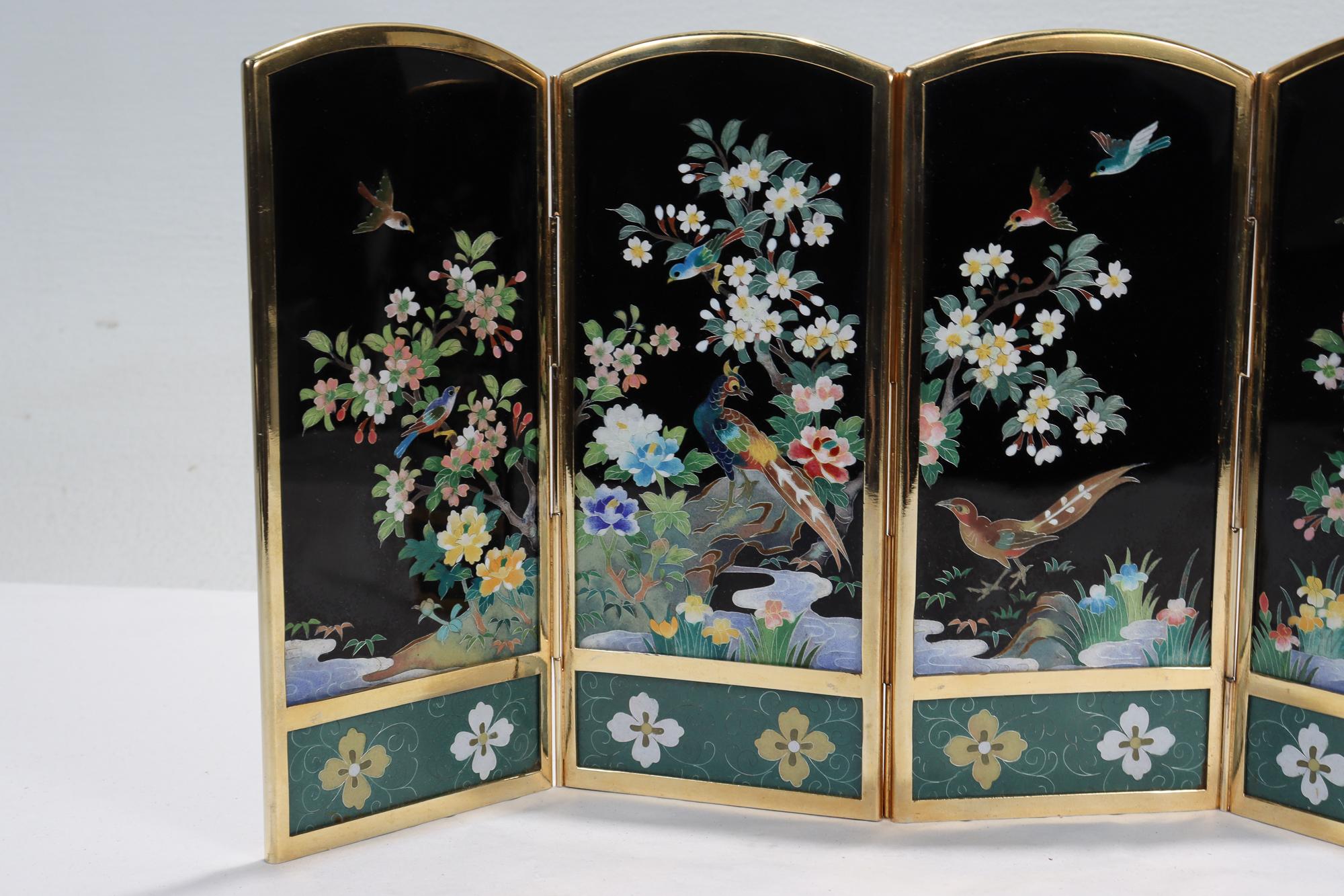 Cloissoné Old or Antique Japanese Inaba Cloisonne Table Screen with Birds & Flowers