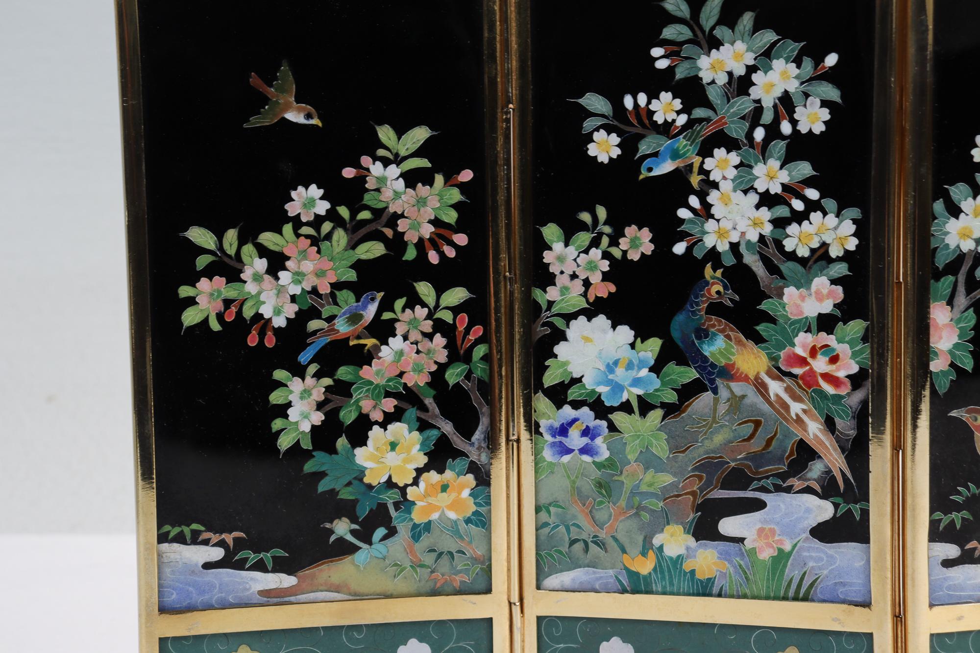Old or Antique Japanese Inaba Cloisonne Table Screen with Birds & Flowers In Good Condition In Philadelphia, PA