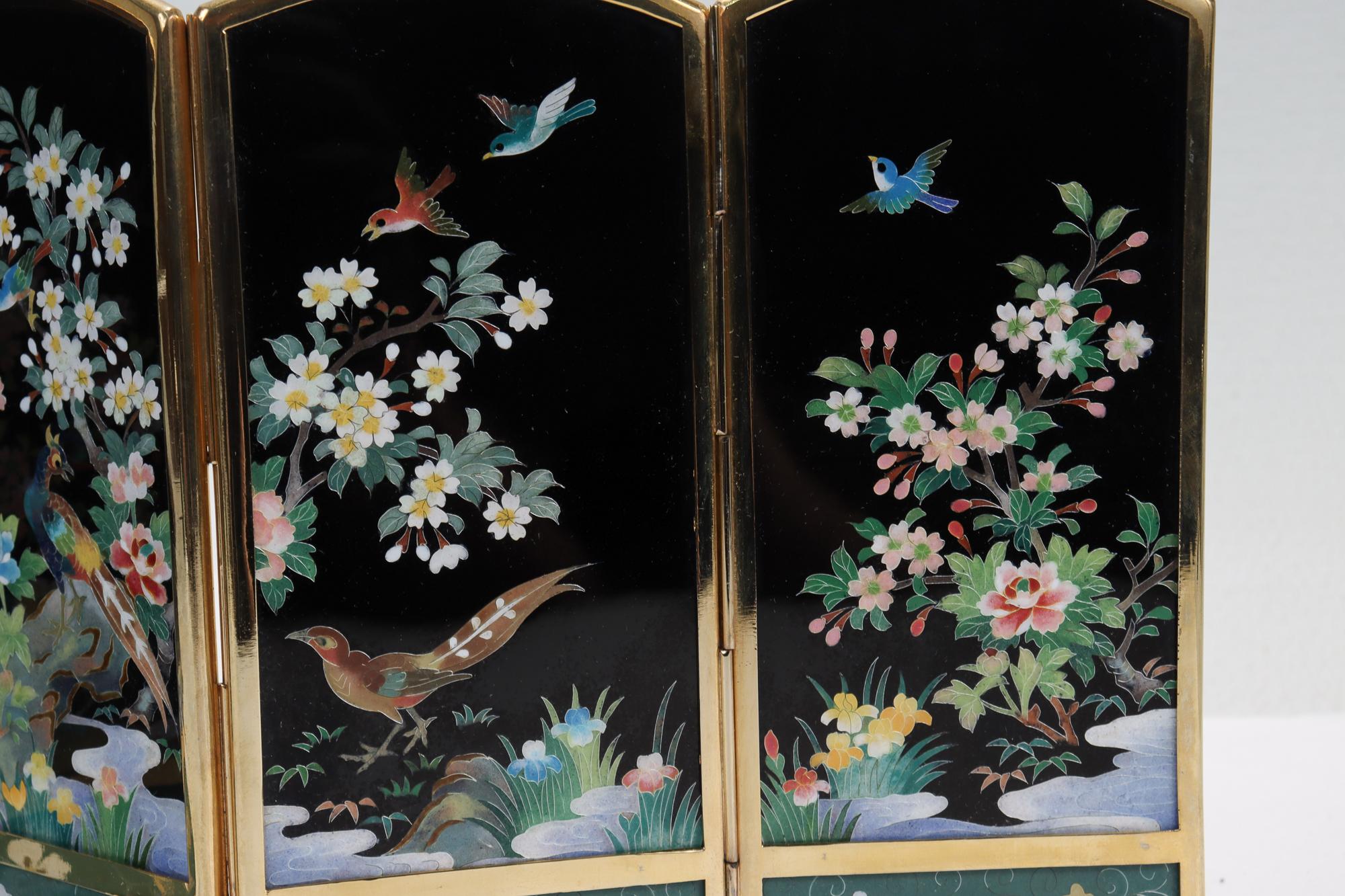 20th Century Old or Antique Japanese Inaba Cloisonne Table Screen with Birds & Flowers