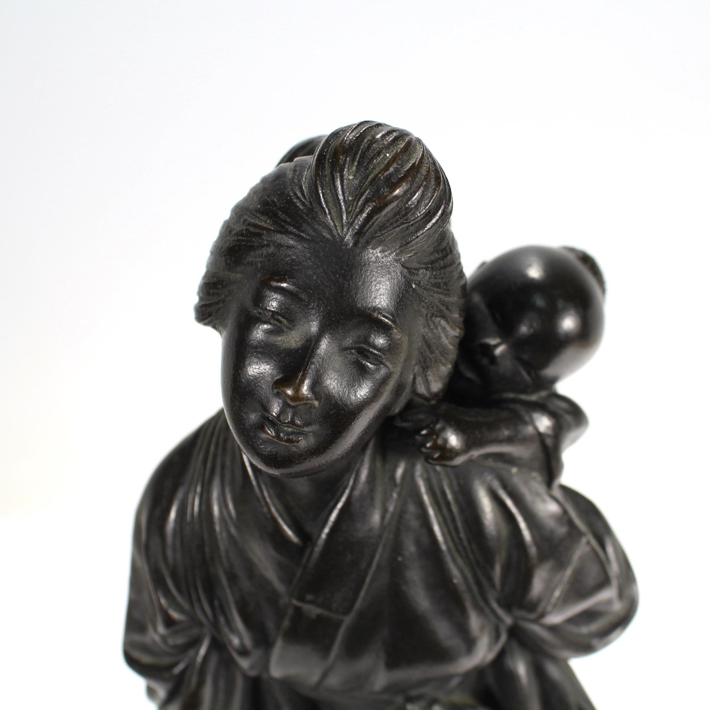 Old or Antique Japanese Meiji Period Signed Bronze Sculpture of a Mother & Child 3