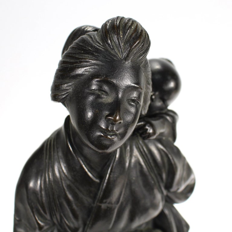 20th Century Old or Antique Japanese Meiji Period Signed Bronze Sculpture of a Mother & Child