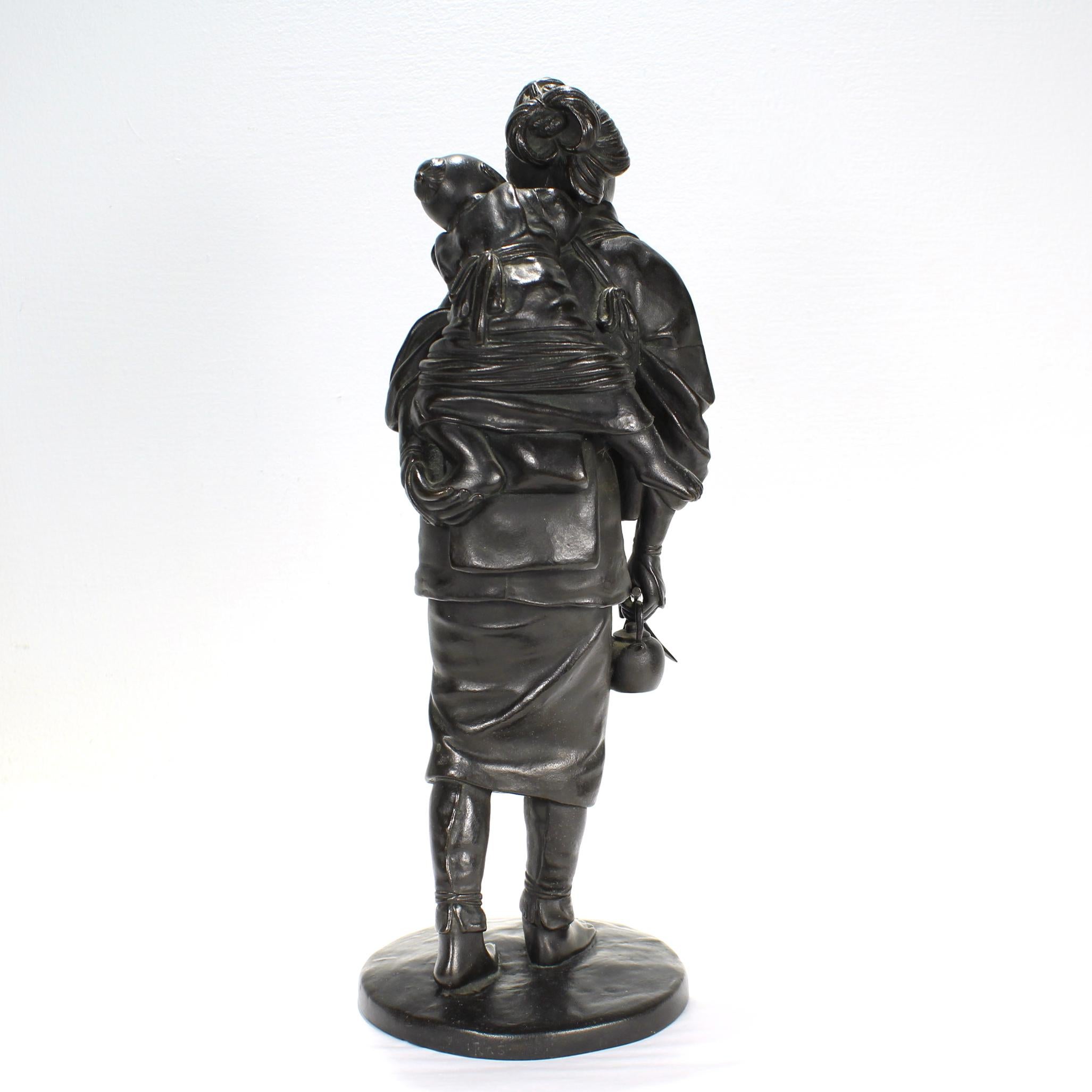 Old or Antique Japanese Meiji Period Signed Bronze Sculpture of a Mother & Child In Good Condition In Philadelphia, PA