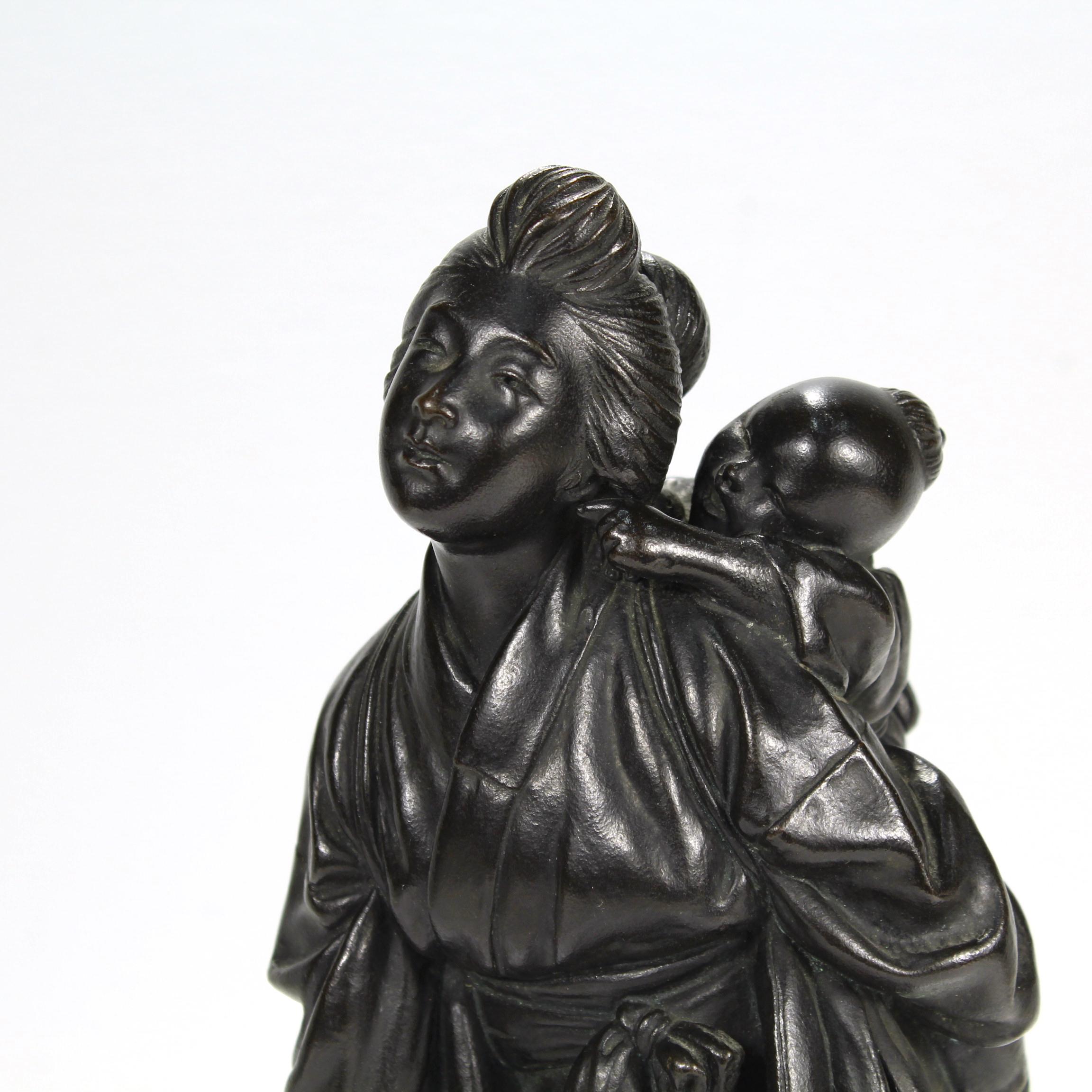 Old or Antique Japanese Meiji Period Signed Bronze Sculpture of a Mother & Child 2