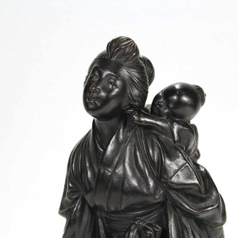 Old or Antique Japanese Meiji Period Signed Bronze Sculpture of a Mother & Child 5