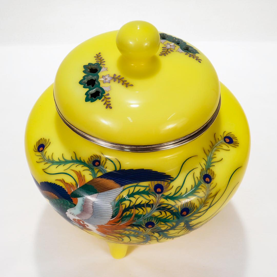 Old or Antique Japanese Silver Mounted Yellow Cloisonne Enamel Koro/Lidded Jar  For Sale 4