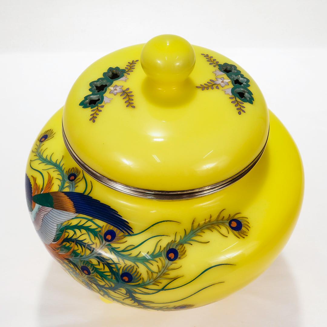 Old or Antique Japanese Silver Mounted Yellow Cloisonne Enamel Koro/Lidded Jar  For Sale 5