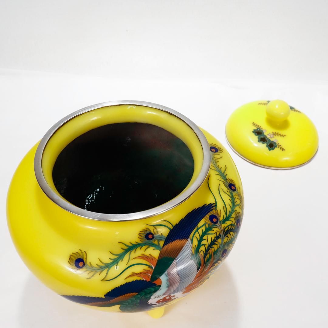 Old or Antique Japanese Silver Mounted Yellow Cloisonne Enamel Koro/Lidded Jar  For Sale 7
