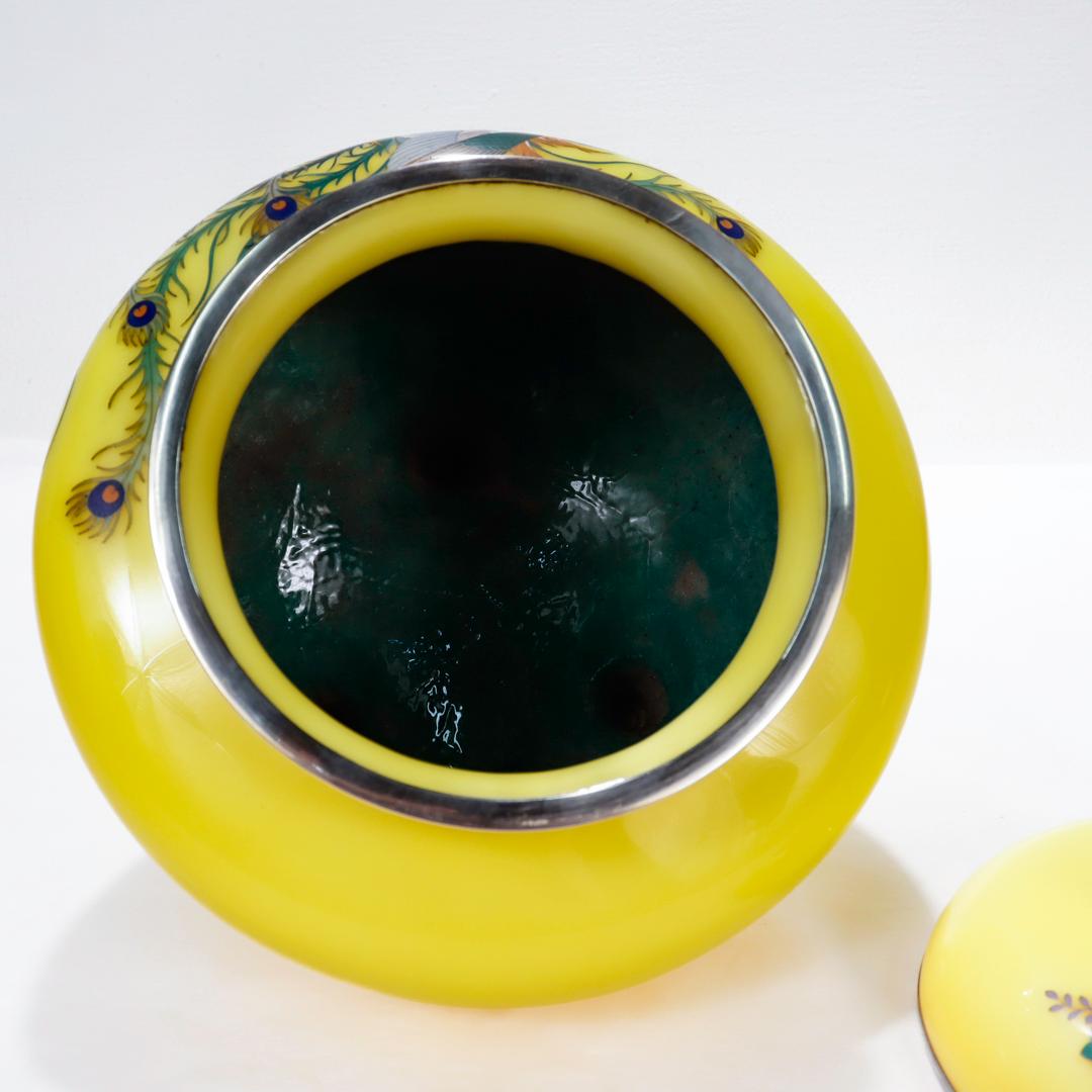 Old or Antique Japanese Silver Mounted Yellow Cloisonne Enamel Koro/Lidded Jar  For Sale 8
