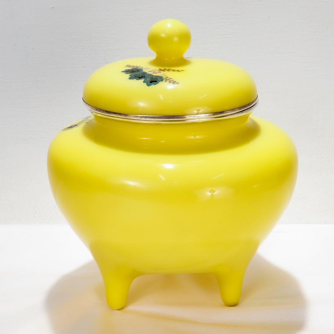 Cloissoné Old or Antique Japanese Silver Mounted Yellow Cloisonne Enamel Koro/Lidded Jar  For Sale