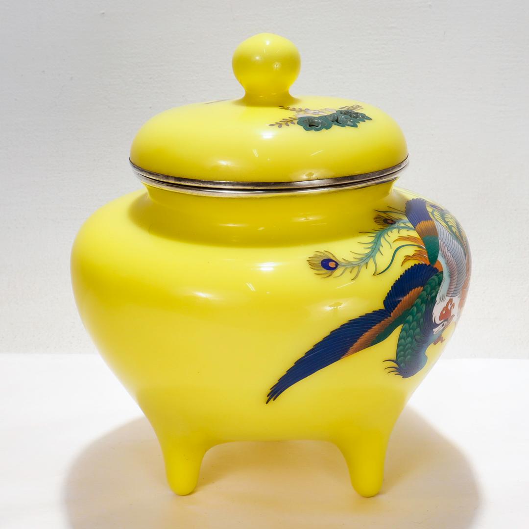 Old or Antique Japanese Silver Mounted Yellow Cloisonne Enamel Koro/Lidded Jar  In Good Condition For Sale In Philadelphia, PA