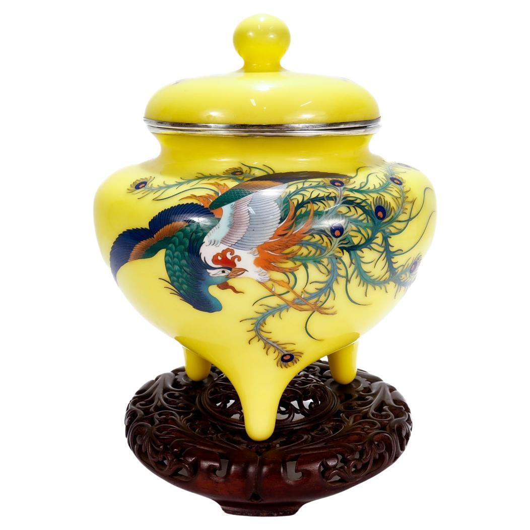 Old or Antique Japanese Silver Mounted Yellow Cloisonne Enamel Koro/Lidded Jar  For Sale