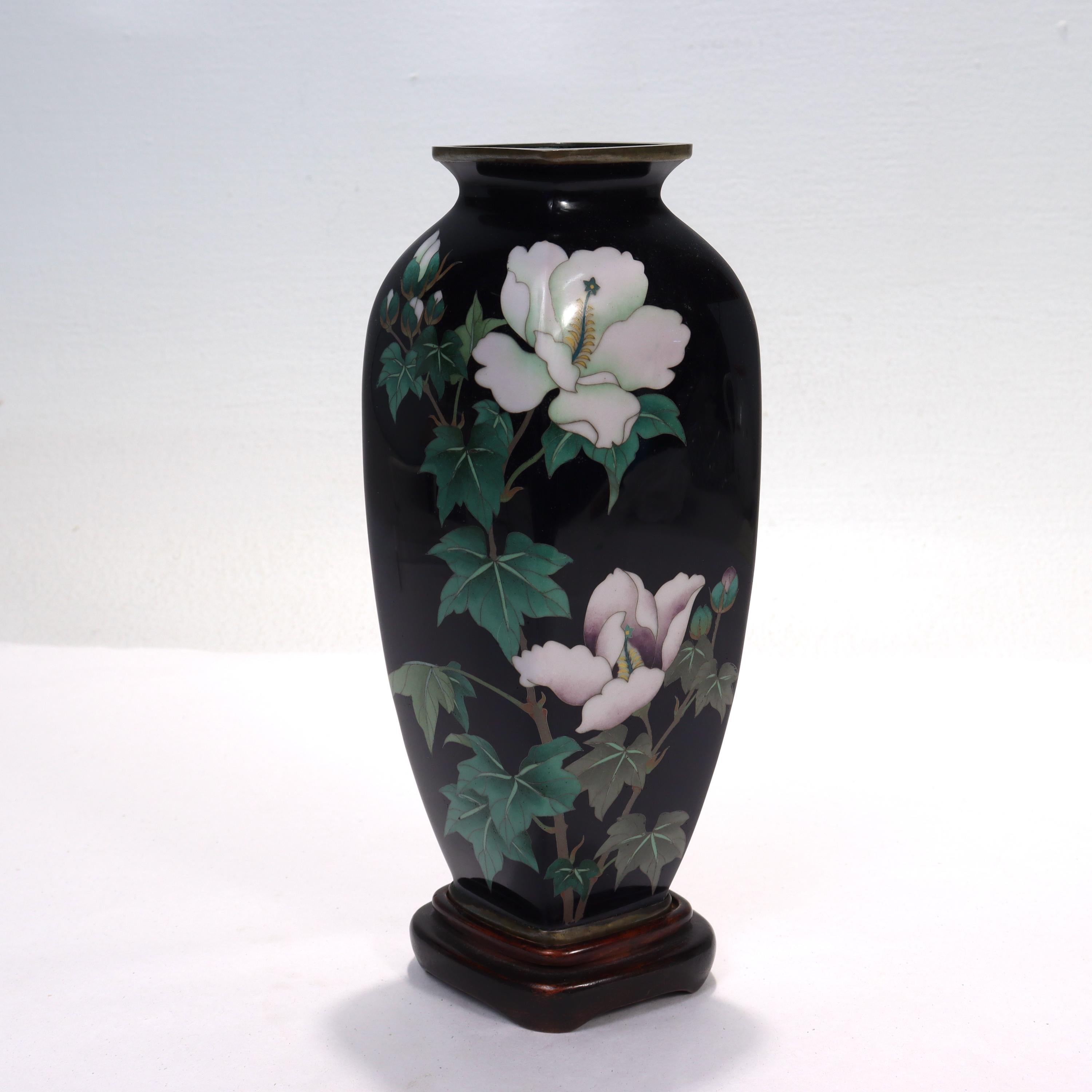 Meiji Old or Antique Japanese Wired Cloisonne Enamel Vase with White Flowers