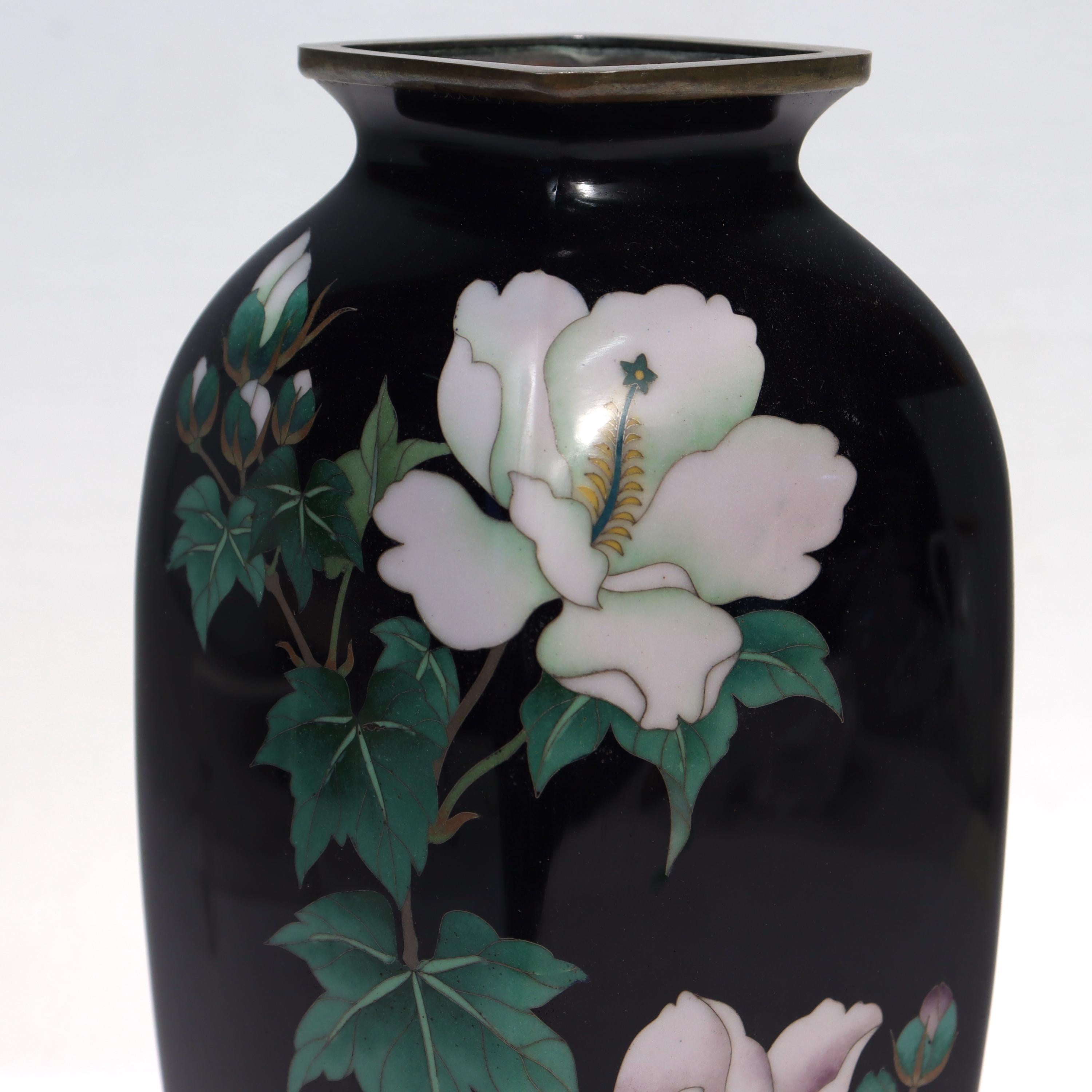 Cloissoné Old or Antique Japanese Wired Cloisonne Enamel Vase with White Flowers